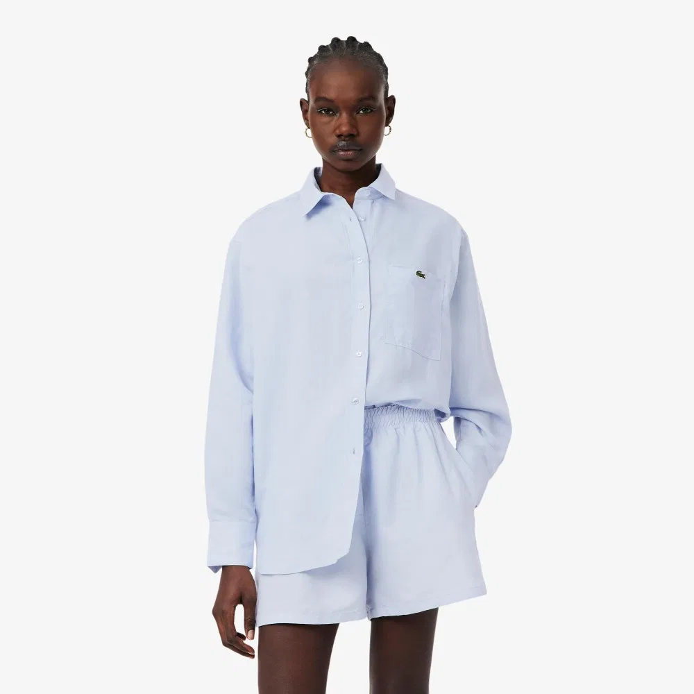 Рубашка Lacoste в полоску, смесовый лен, светло-лавандовая