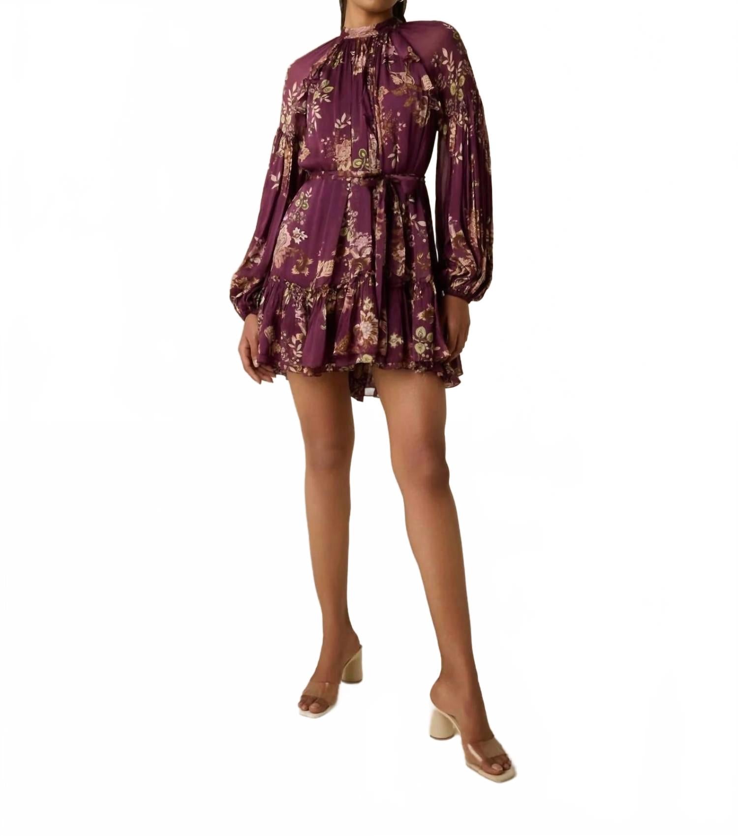 

Сави Платье мини с рюшами в бордовом цветочном принте Hemant & Nandita