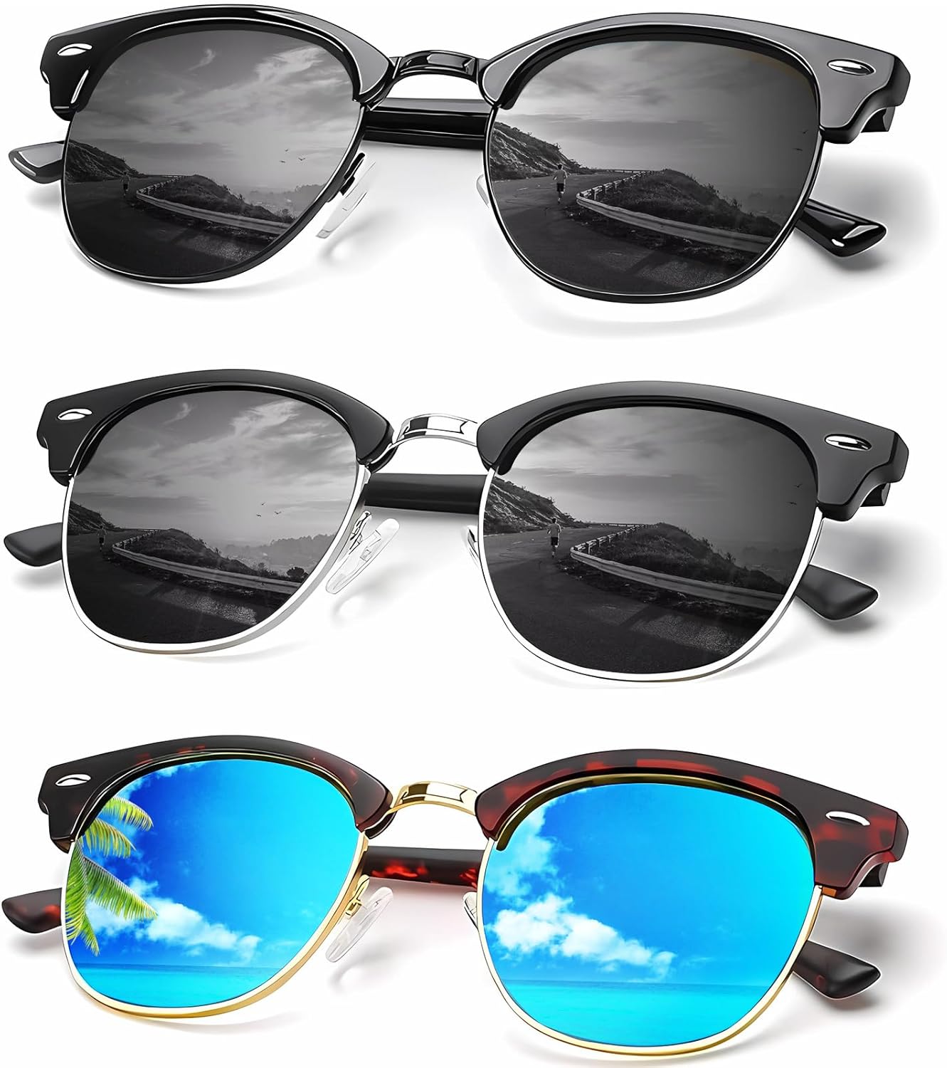 

Солнцезащитные очки KALIYADI для мужчин, поляризованные, унисекс, полуободковая оправа, ретро-стиль, для вождения, с защитой от УФ-излучения, D10-(3 Pack)tortoise Blue/Black/Silver Black