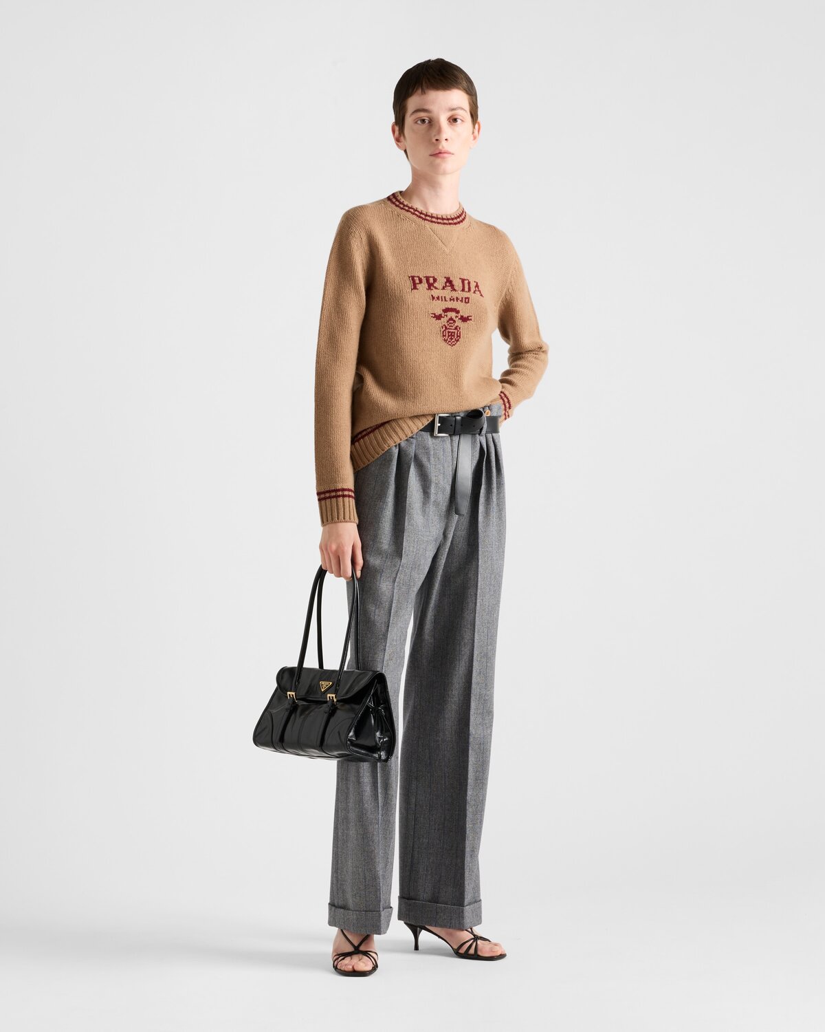 Шерстяной свитер с круглым вырезом из кашемира Prada, коричневый — фото 2