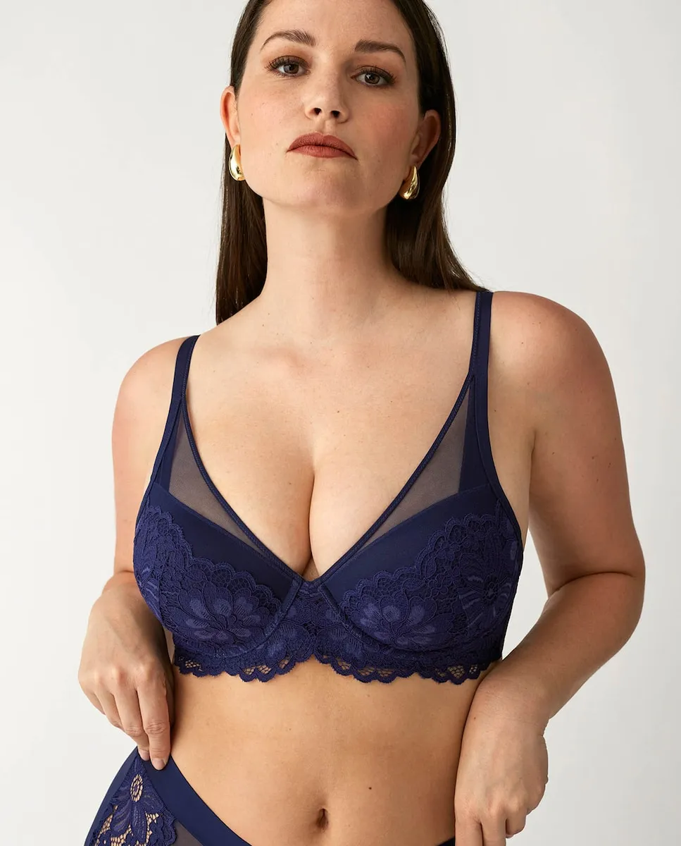 

Бюстгальтер с подкладкой на косточках и кружевом с морскими цветами Promise, тёмно-синий