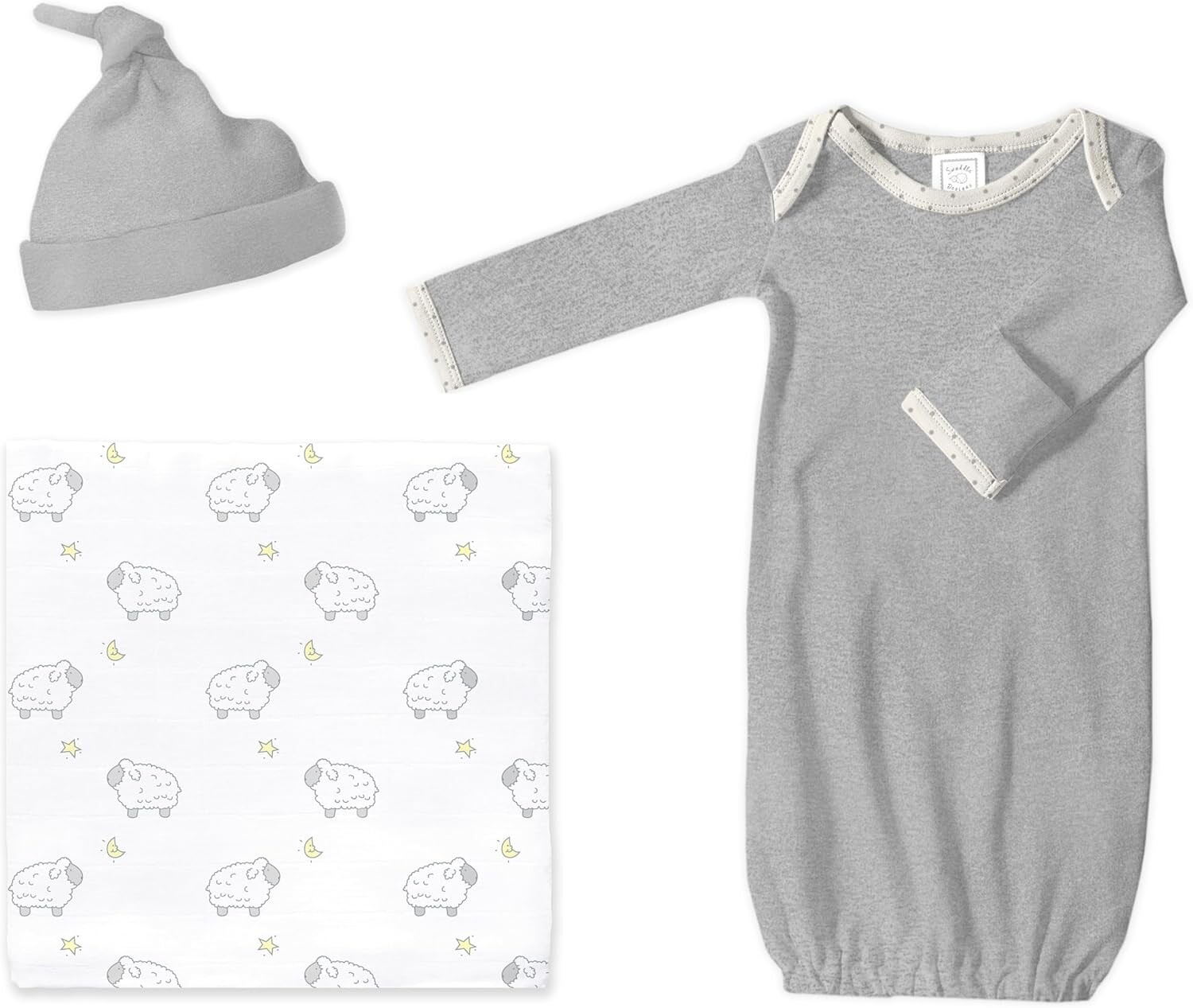 

Подарочный набор для ребенка Swaddle Designs, муслиновое одеяло Little Lambs, серая шапочка для новорожденного и пижамное платье с манжетами в виде варежек, мягчайший хлопок SwaddleDesigns