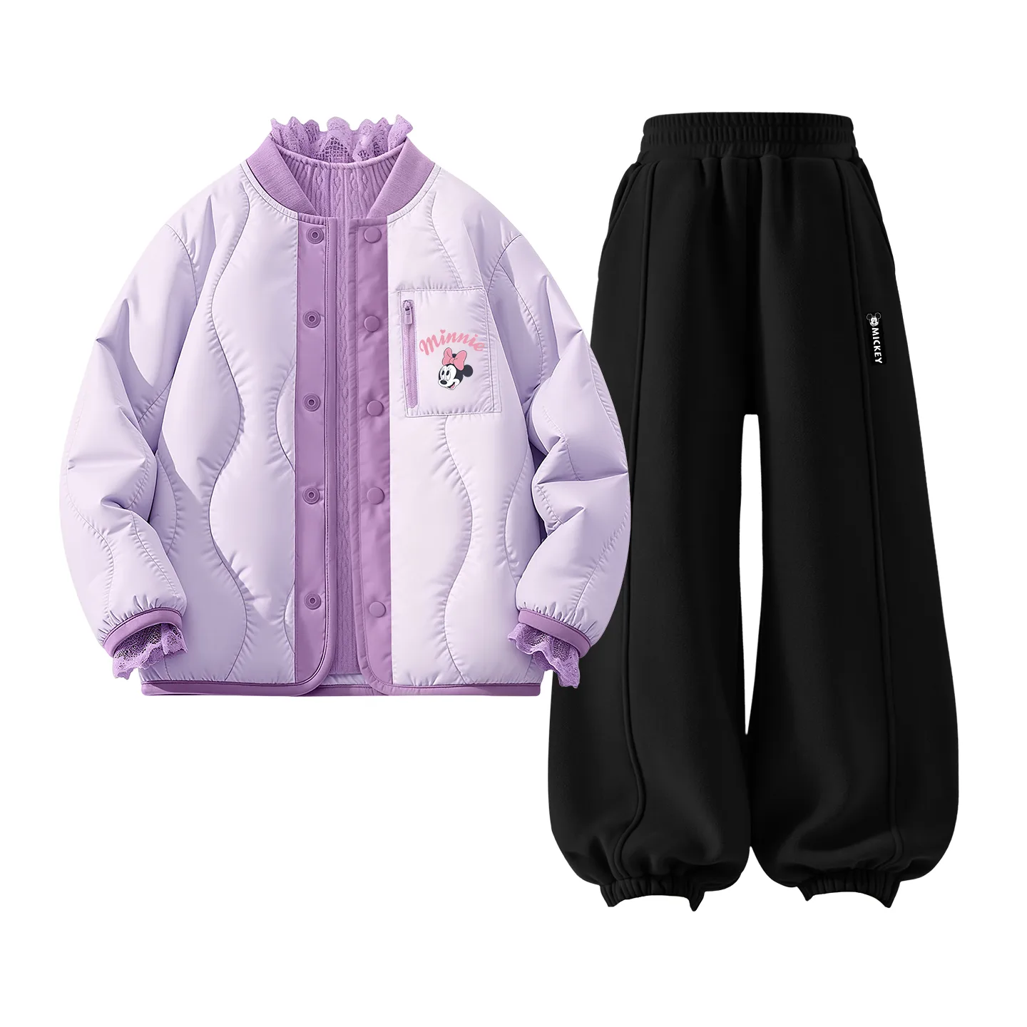 Детская повседневная спортивная футболка с круглым вырезом Disney, [Thickened and Fleece-Lined Three-Piece Set]Silicone Di Lift Eye K Purple+Di H Long Hook-and-Loop K Black+Solid Color Purple