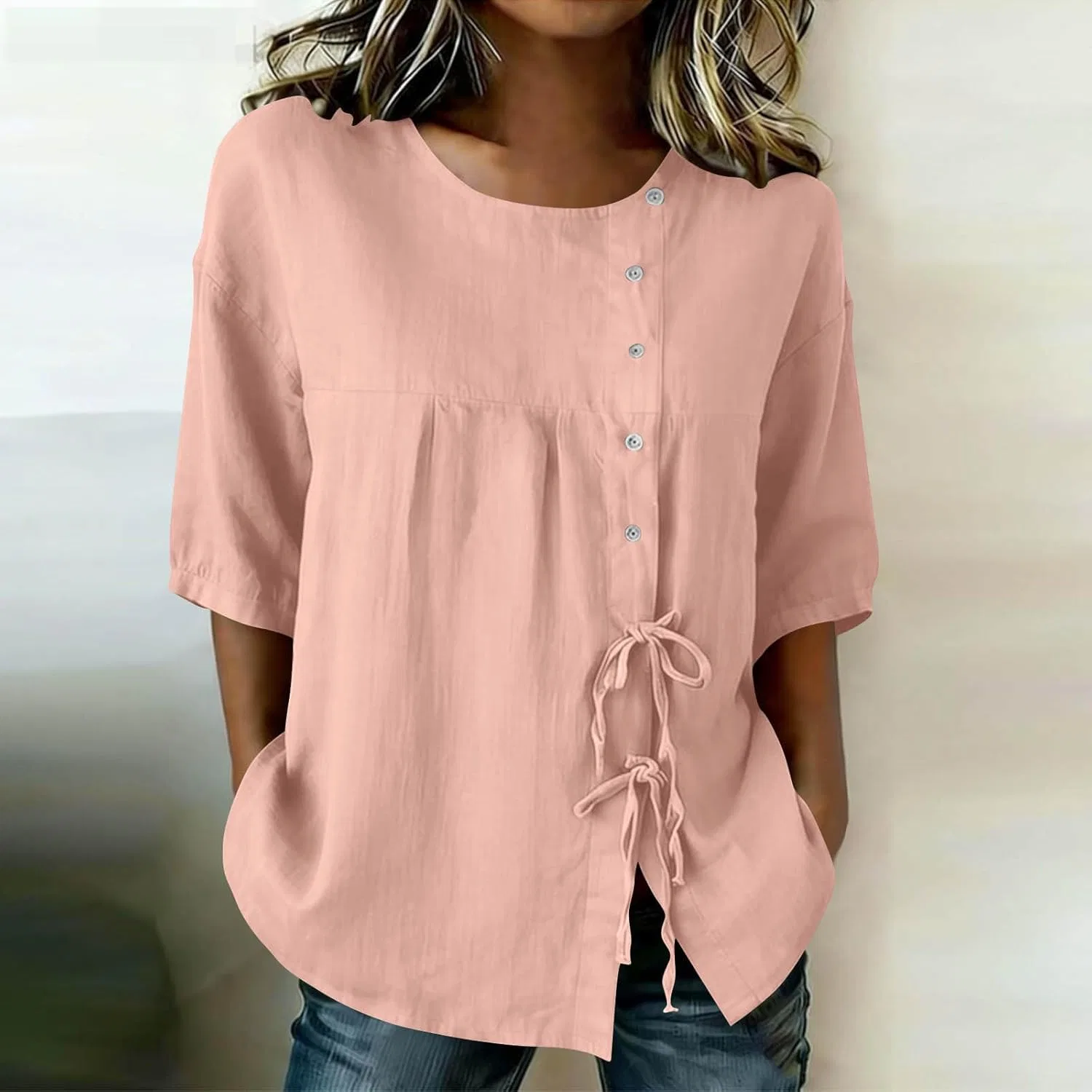 Женская блуза с завязкой бантом, Cotton Linen, 3/4 рукав, Pink — фото 2