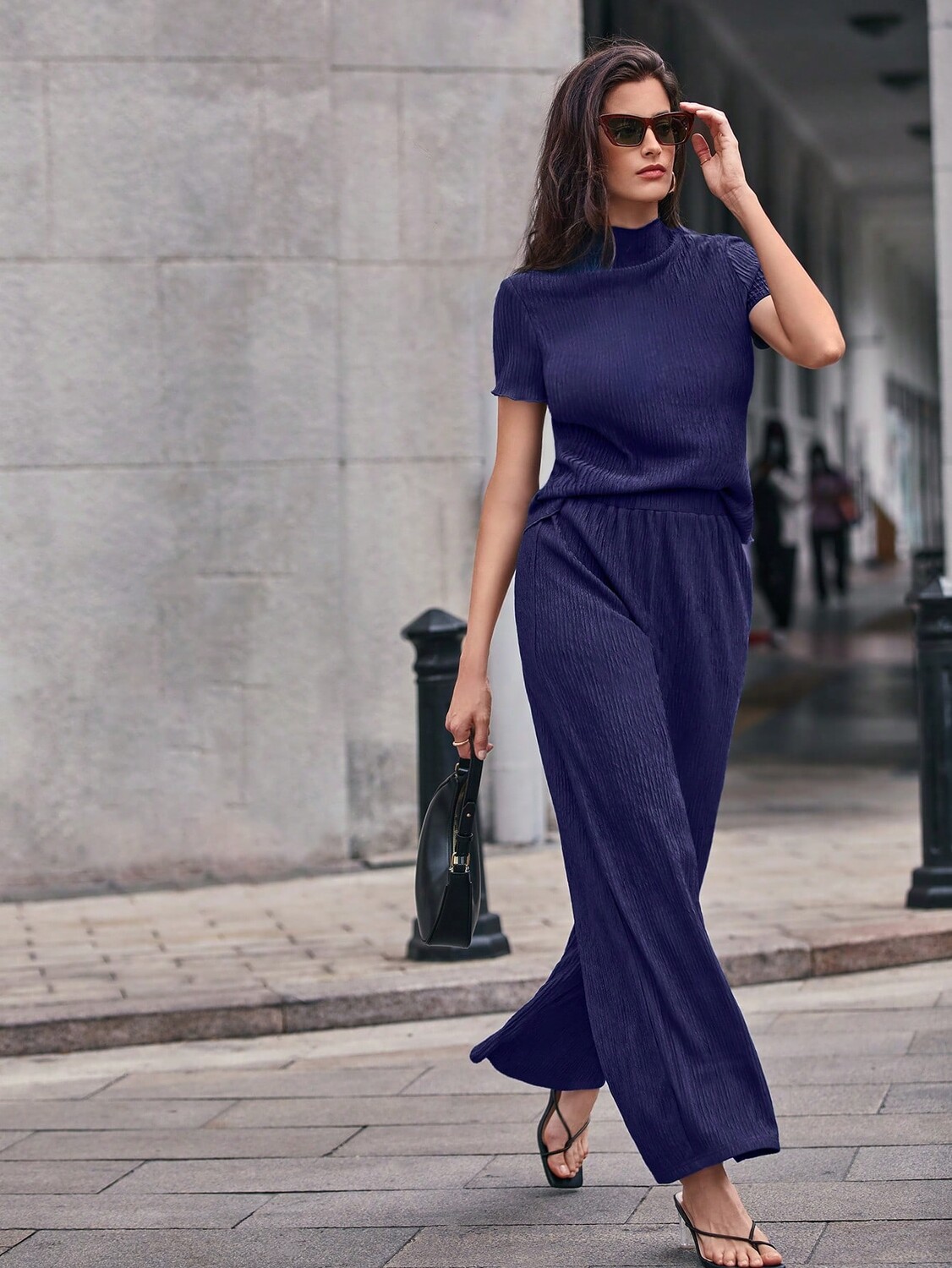 

SHEIN Футболка с высоким воротником Frenchy и широкие брюки, фиолетовый
