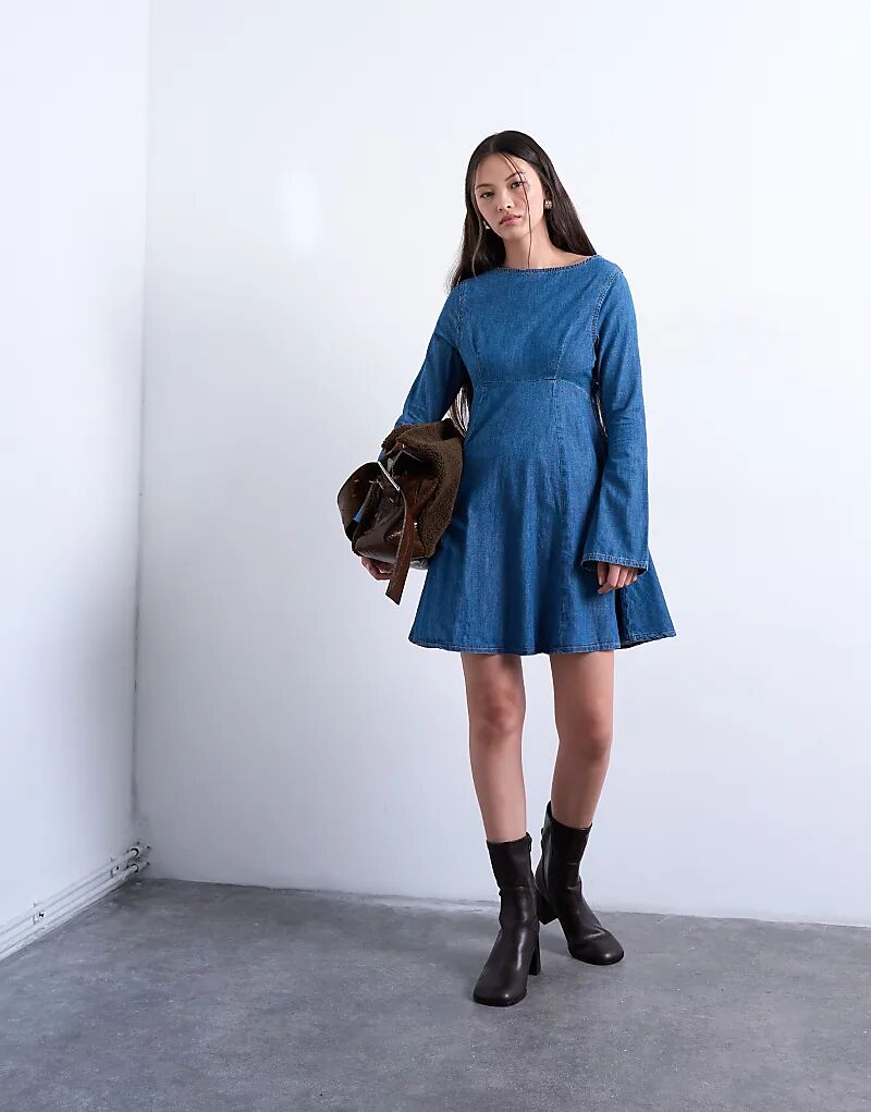 

Мини-платье из денима Topshop с рукавами-фонариками, средне-синего цвета