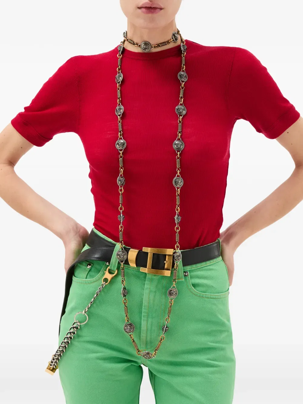 Вышитая шерстяная трикотажная футболка в рубчик Versace, красный — фото 3