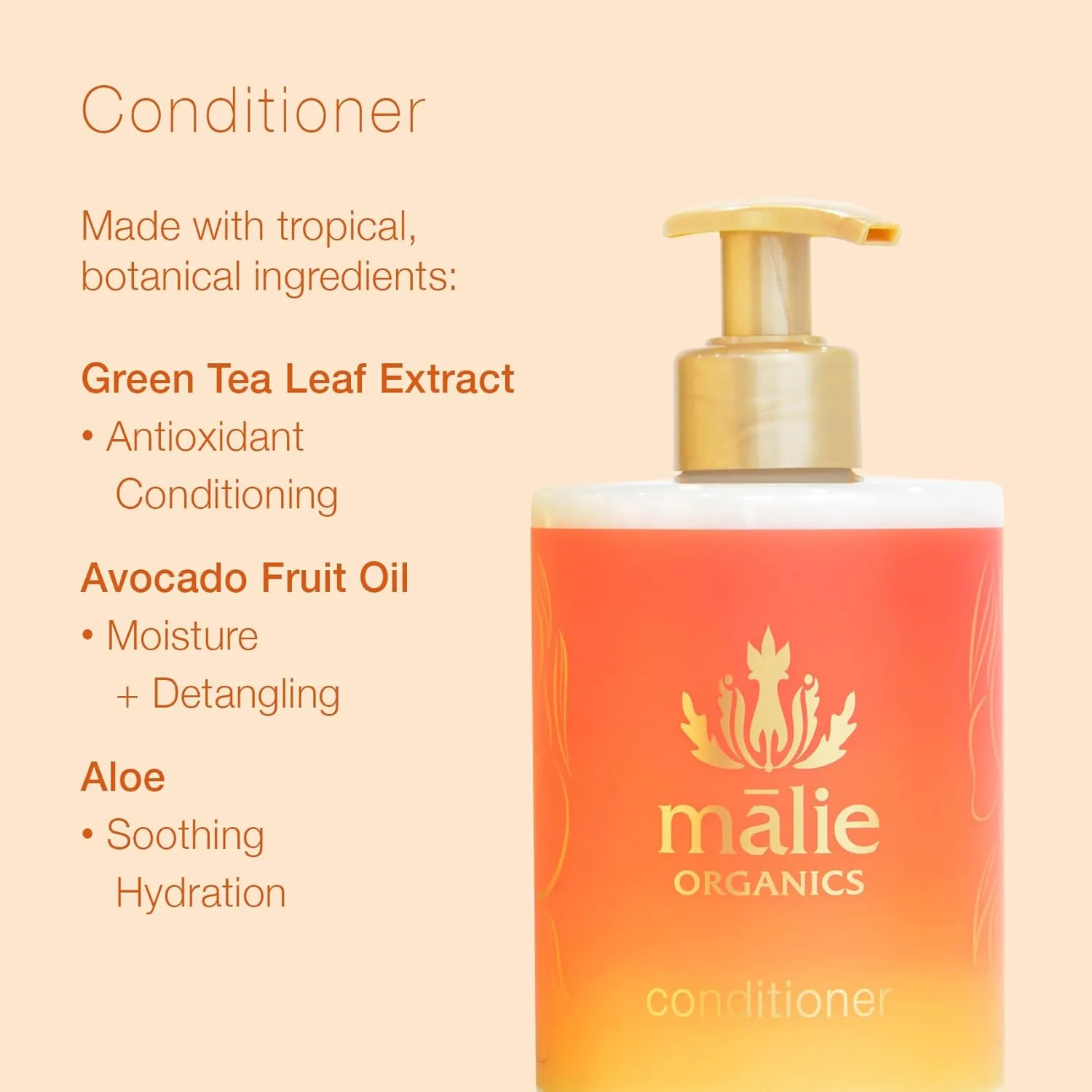 Кондиционер Mālie Organics, аромат мангового нектара, ежедневное увлажнение для всех типов волос, экстракт зеленого чая + масло авокадо, веганский, 400 мл. Malie Organics, orange — фото 3