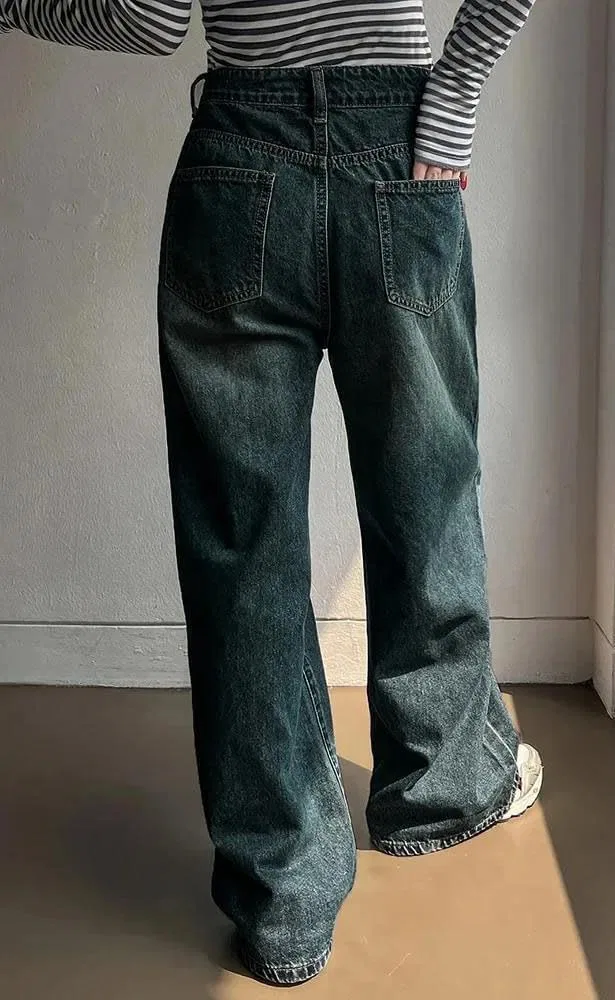 Джинсы, синие с серым, Women’s Vintage High-Waist Stretchy Wide-Leg Jeans Denim Pants Straight Leg Casual Trousers Trendy Everyday Wear — фото 3