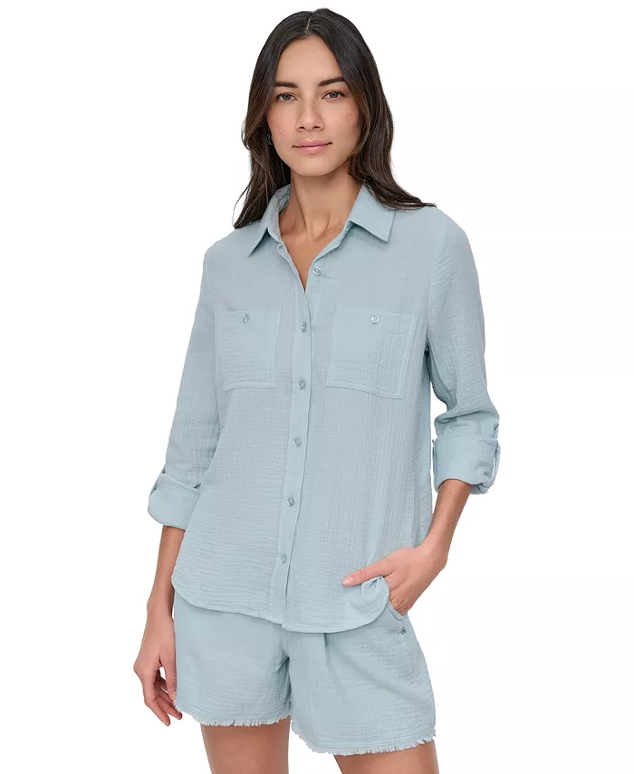 

Укороченная хлопковая рубашка с подкатанными рукавами DKNY Jeans, серый