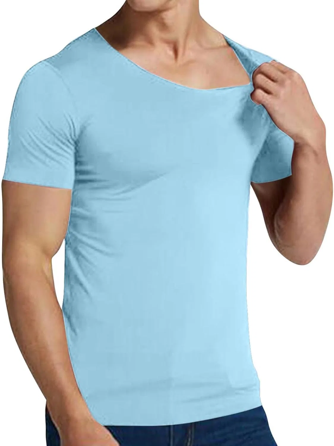 Футболка с V-образным вырезом, облегающая, Generic, Light Blue — фото 4