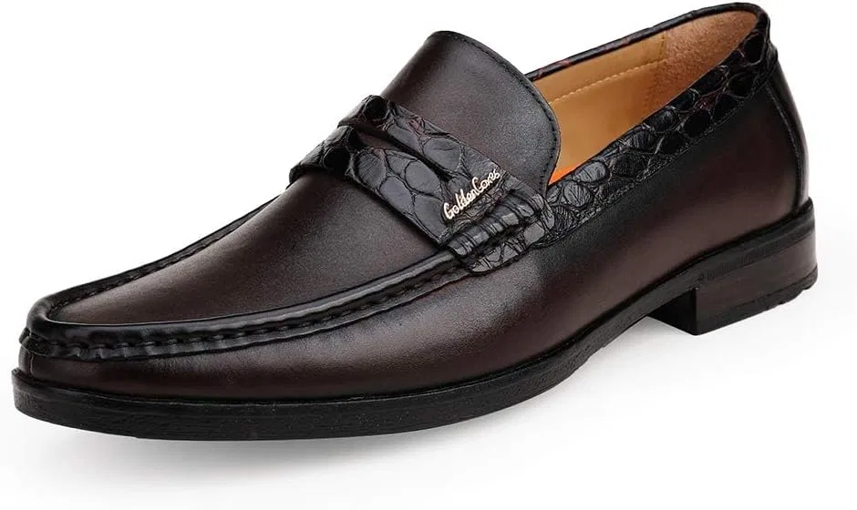 Лоферы Leather Men's Dress Shoes, Cowhide Crocodile Printed Rubber Soft Driving Loafer Shoes for Mens, Коричневый GOLDEN COXES FAMILY