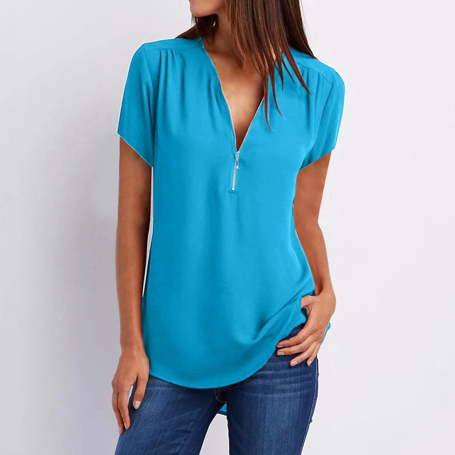 Женская футболка с V-образным вырезом и молнией, Oversized, Generic, Sky Blue — фото 2