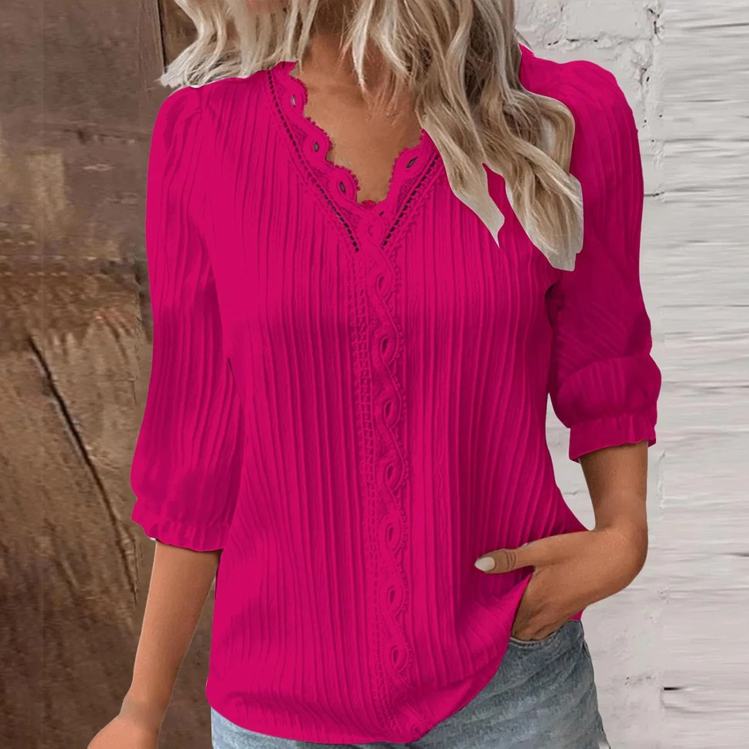 Блуза из льна с кружевом, Half Sleeve, V-образный вырез, Hot Pink — фото 2