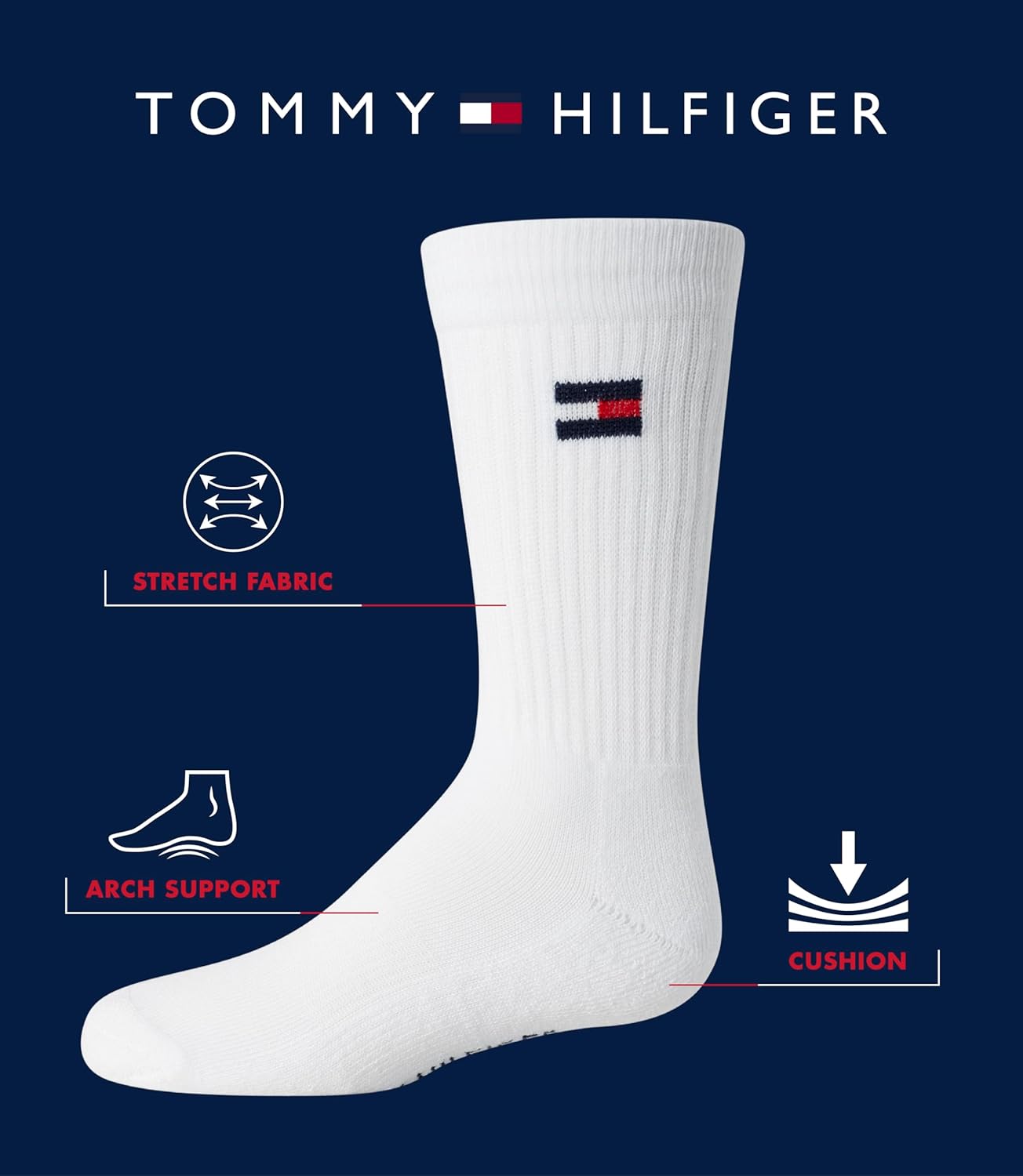 Детские спортивные носки Tommy Hilfiger Unisex - мягкие носки с резинкой (6 пар), White — фото 3