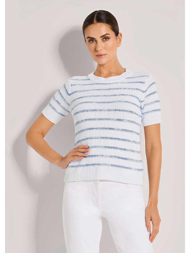

MADELEINE Полосатый свитер с короткими рукавами бело-дымчато-голубого цвета