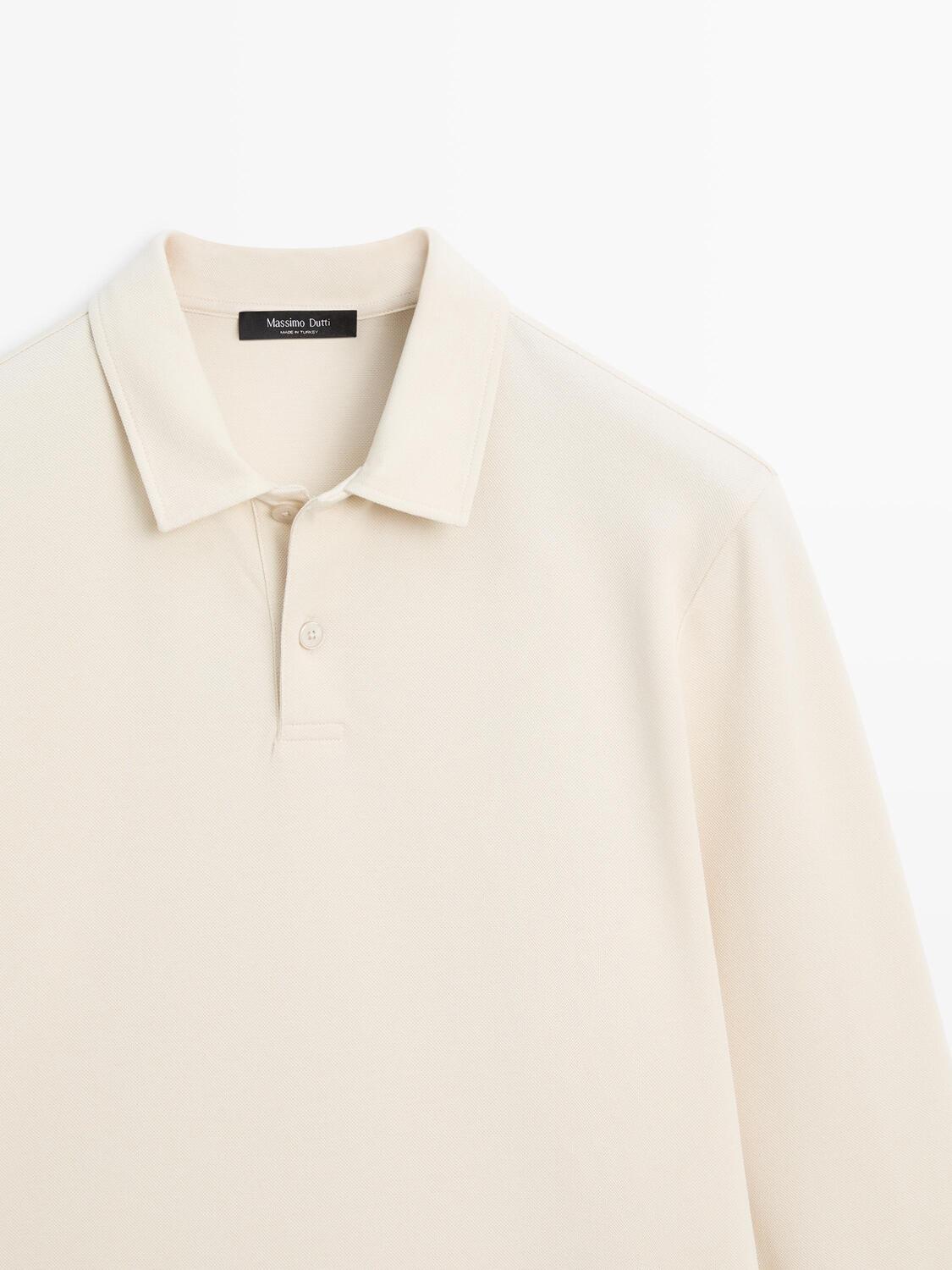 Поло из мерсеризованного хлопка пике с длинным рукавом Massimo Dutti, ivory — фото 4