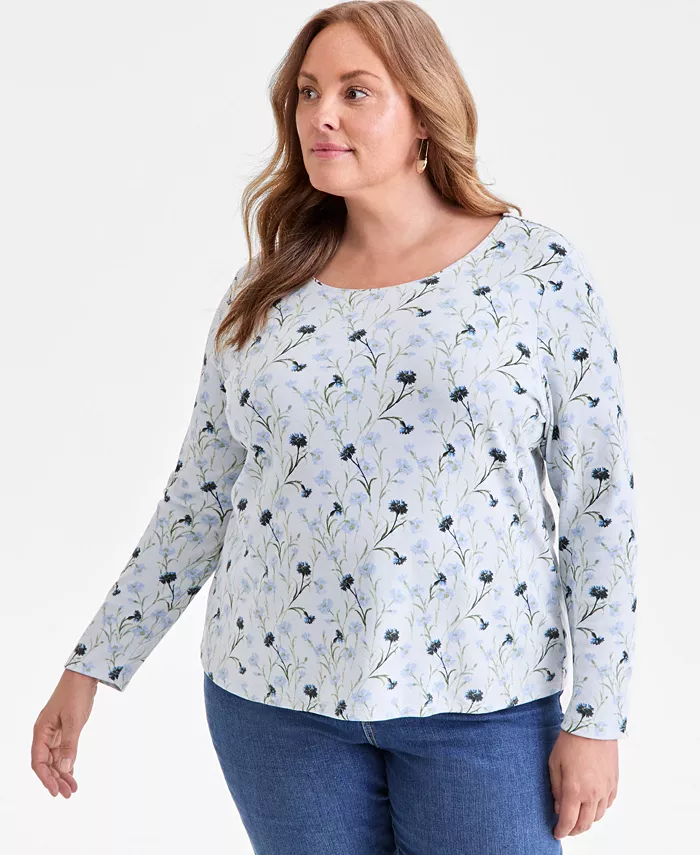 

Плюс сайз топ с принтом и длинным рукавом Style & Co, синий