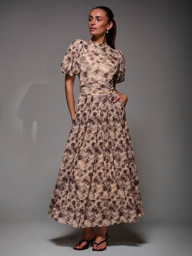 

Платье макси с пышными рукавами и принтом из сетки Jolie Moi, Brown