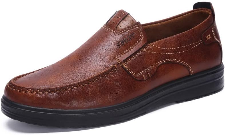 

Мужские ручной работы кожаные лоферы на плоской подошве без шнурков, уличные, противоскользящие, дышащие, походов и работы Elshtide, темно-коричневый