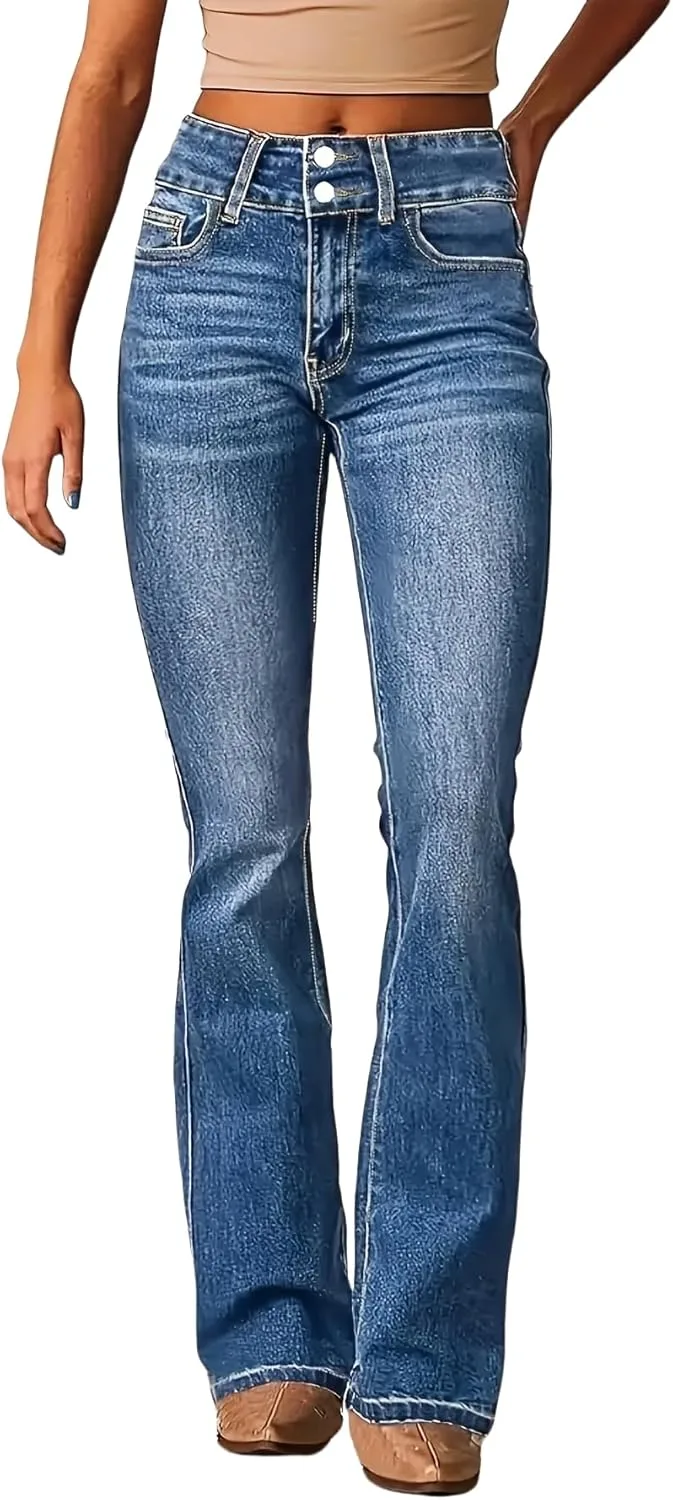 

Женские джинсы с высокой талией и расклешенным низом, Cotton Blend Denim, двойная застежка на пуговицах, Classic Blue, S-XXL TimeGofate