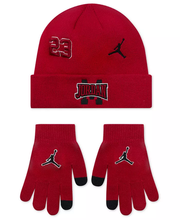 

Детский набор из двух предметов: унисекс-бини и перчатки с разноцветными заплатками Jordan, красный