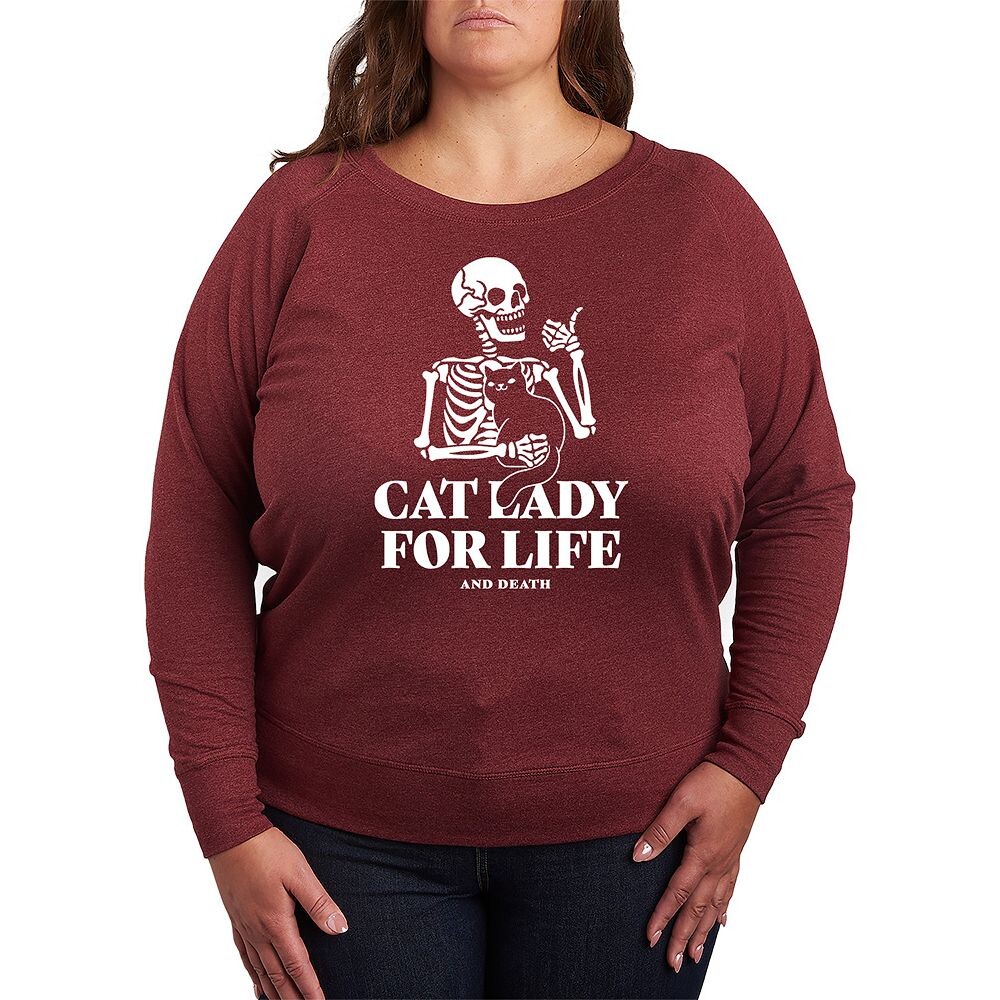 

Легкий свитшот из френч терри размера плюс Cat Lady For Life со скелетом Licensed Character, цвет Heather Dark Red