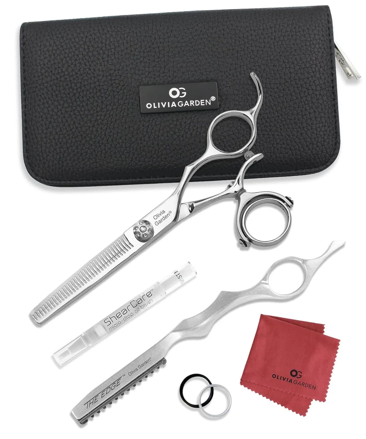Набор профессиональных парикмахерских ножниц Olivia Garden SwivelCut с футляром и бритвой Edge - 6 предметов. Набор для утоньшения (SW-C08): SW-T635D, бритва RZ-E