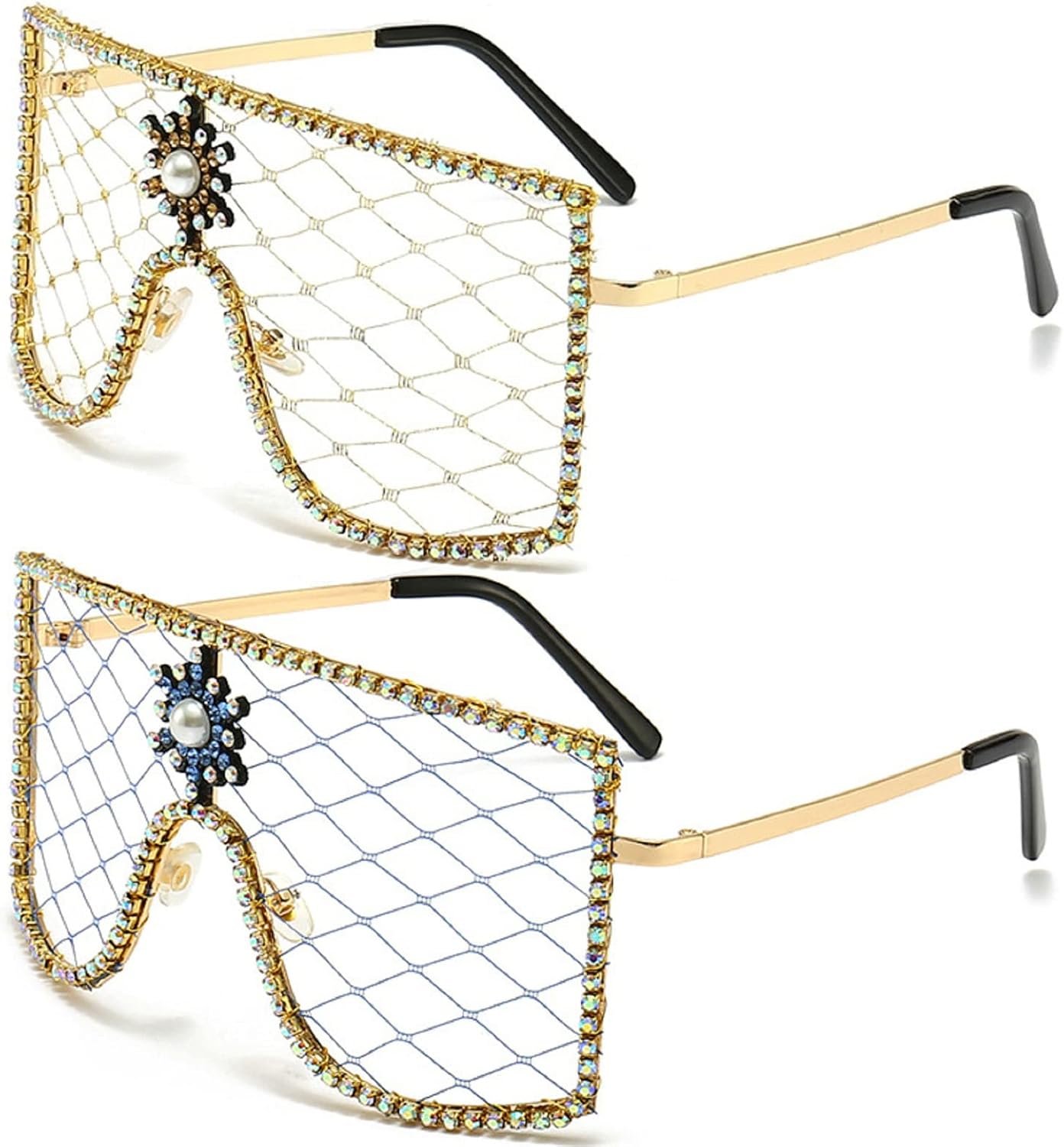 

Крупные разноцветные солнцезащитные очки в стиле Y2K со стразами для женщин и мужчин, модные, в форме щита, обтекаемые, с кристаллами и бриллиантами, прозрачные mincl, 2pcs-gold&blue