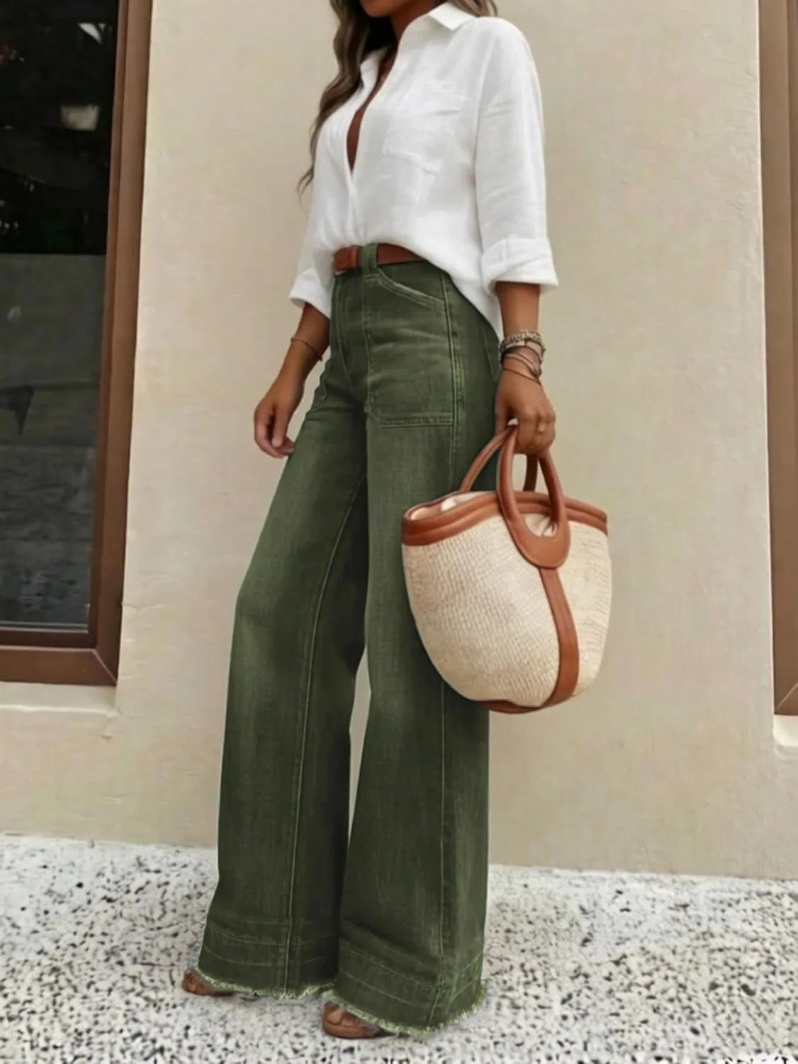 Джинсы свободного кроя, Wide Leg, Army Green — фото 4