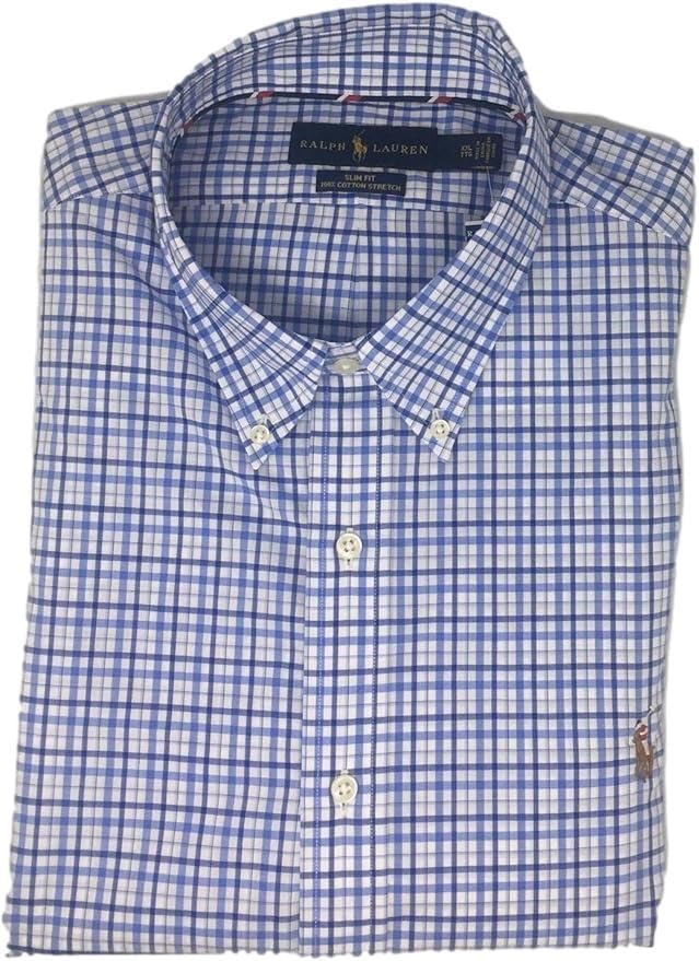 

POLO RALPH LAUREN Мужская спортивная рубашка Slim Fit с длинным рукавом из стрейч-поплина, Plaid Azure/Blue