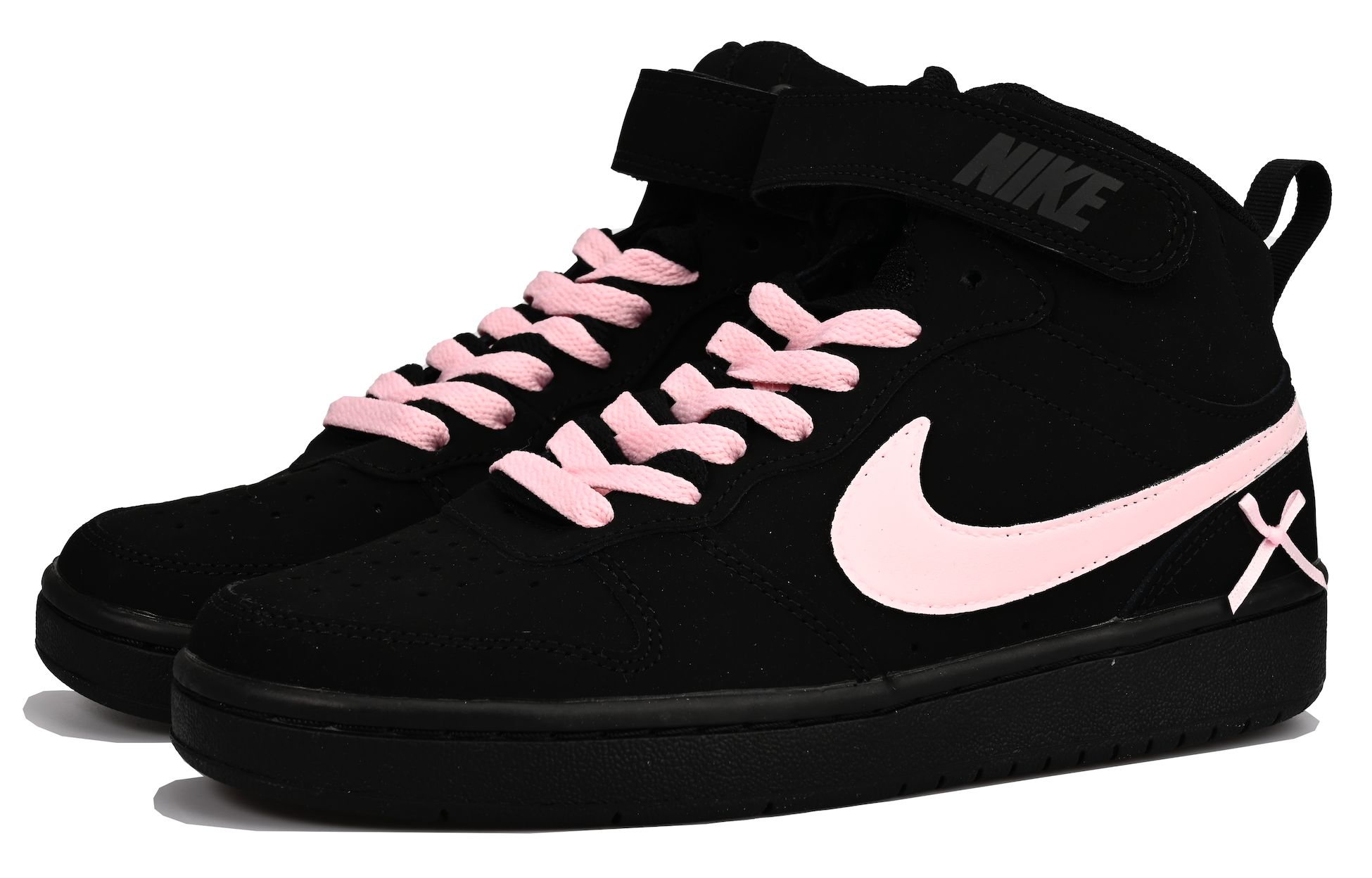 Nike Детские высокие скейтбордистские кроссовки Court Borough Mid 2, черные с розовым подошью, для подростков — фото 4