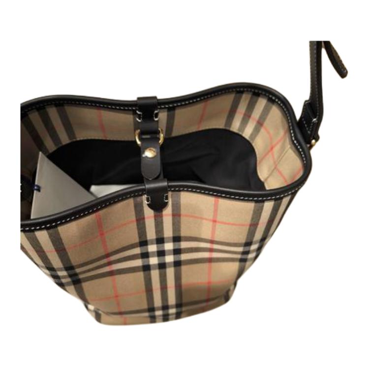 Женская сумка-ведро Burberry из кожи и ткани, бежевая — фото 3
