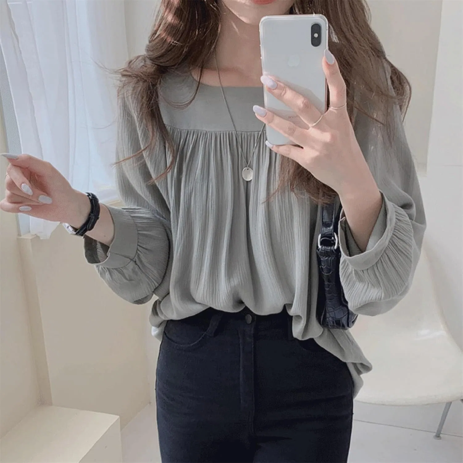 Блуза женская с квадратным вырезом Sweet Square Neck Long Sleeve Shirt, серый — фото 3