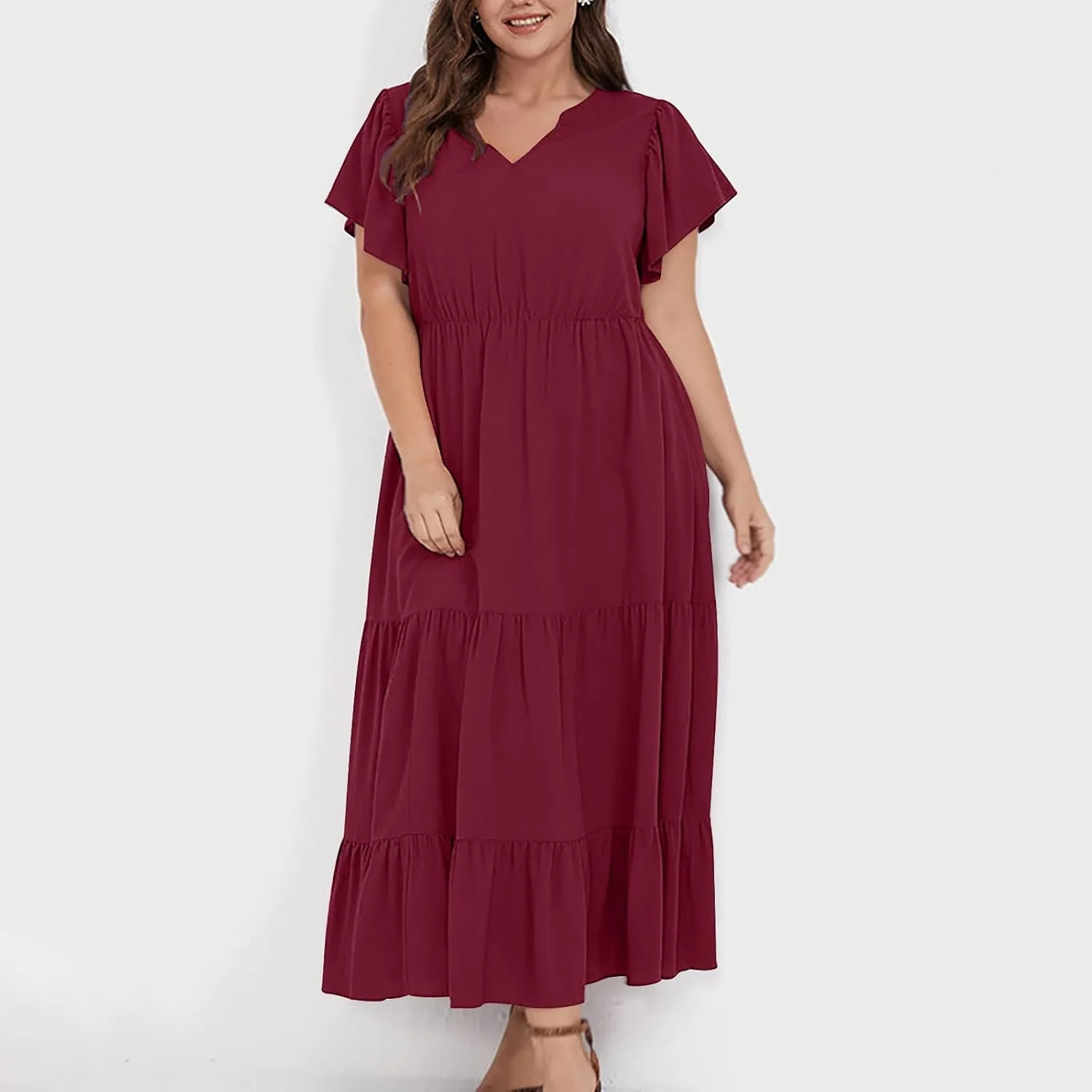 Женское повседневное платье свободного кроя Plus Size с коротким рукавом и V-образным вырезом, с карманами, для лета и осени Generic, Wine — фото 4