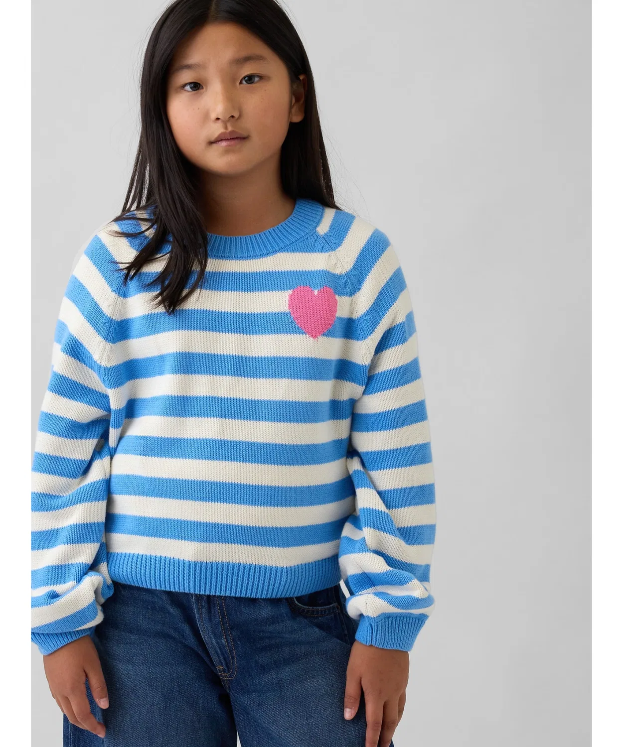 Свитер с круглым вырезом Relaxed Fit для детей, хлопок, белый с тёмно-синим, Gap