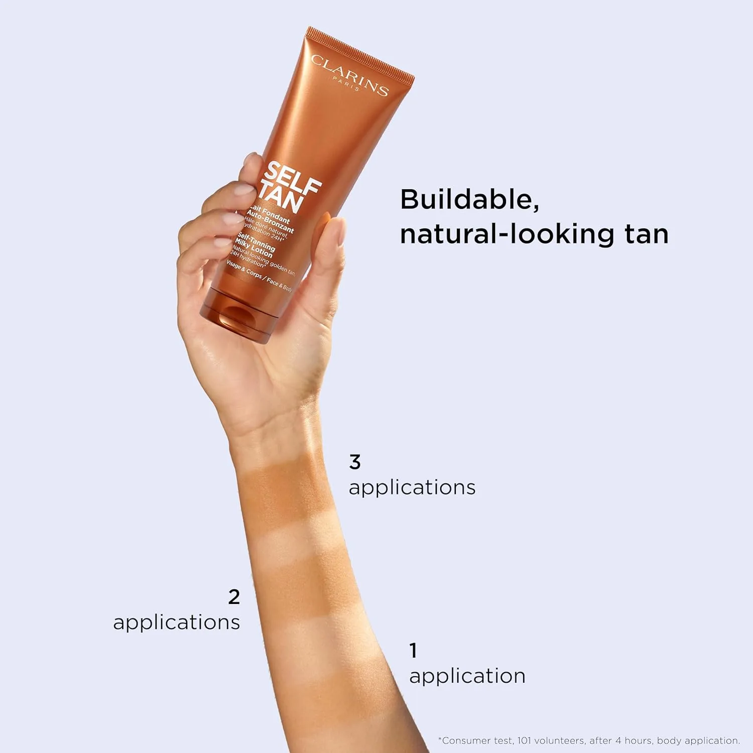Новый молочко для автозагара от Clarins | Автозагар для лица и тела | Наслаиваемый, без разводов, стойкий, естественный эффект загара | 24 часа увлажнения* | Содержит алоэ вера и глицерин | 113 мл 127.58 г (1 шт.) — фото 4