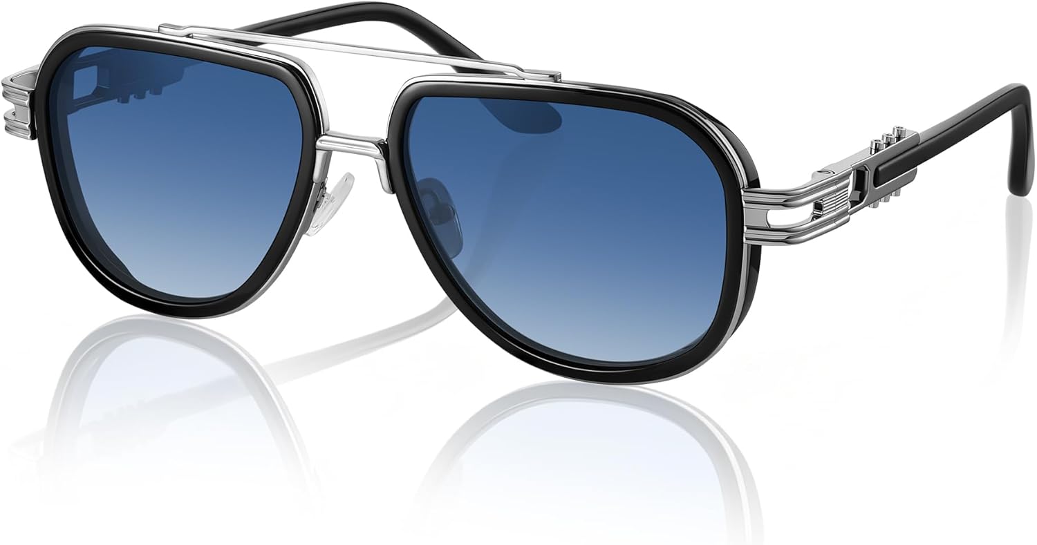 

Мужские солнцезащитные очки-авиаторы из ацетата – скульптурная металлическая оправа с четко выраженными дужками и линзами с защитой от УФ-излучения UV400 gesruny, A3 Black Frame/Gradient Blue Lens(grey-tone Temples)