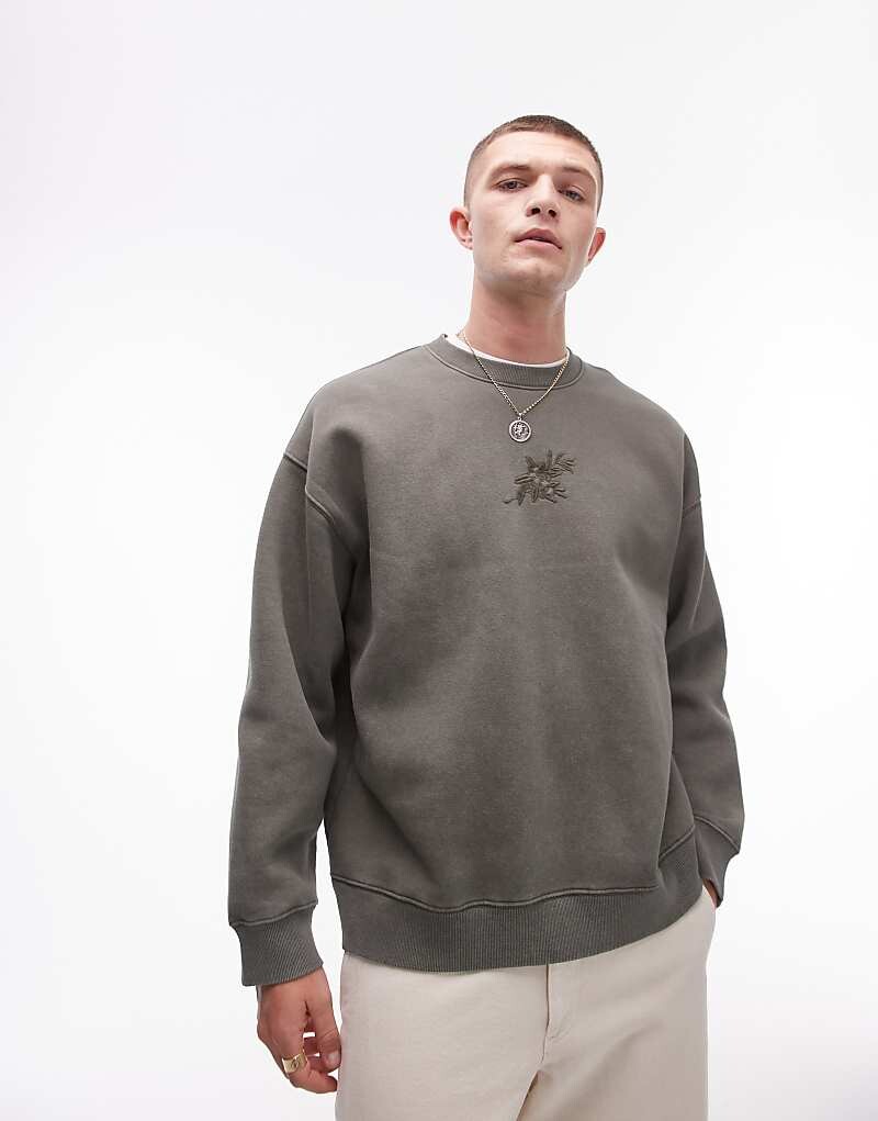 

Толстовка оверсайз Topman цвета выцветшего хаки с цветочной вышивкой