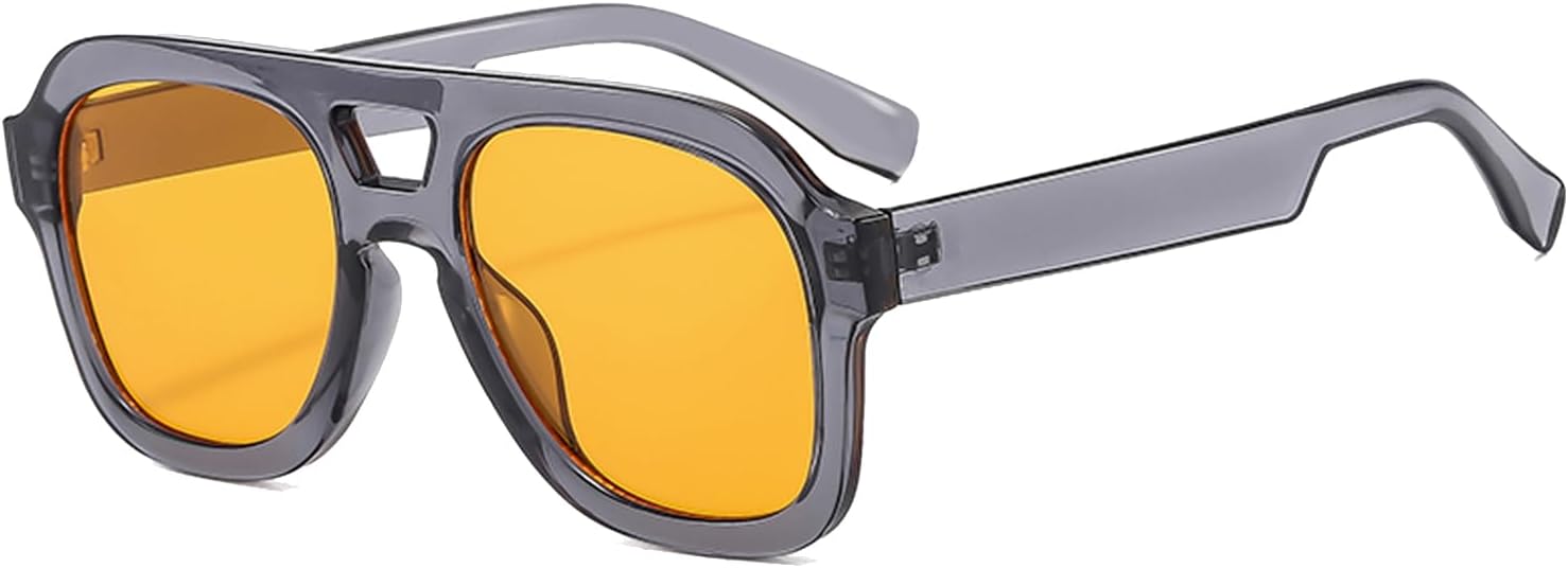 

Солнцезащитные очки Long Keeper Retro Pilot с двойной перемычкой, квадратная оправа, толстая рамка, винтажный стиль 70-х, защита от ультрафиолета UV400, Clear Grey Frame / Orange Lens