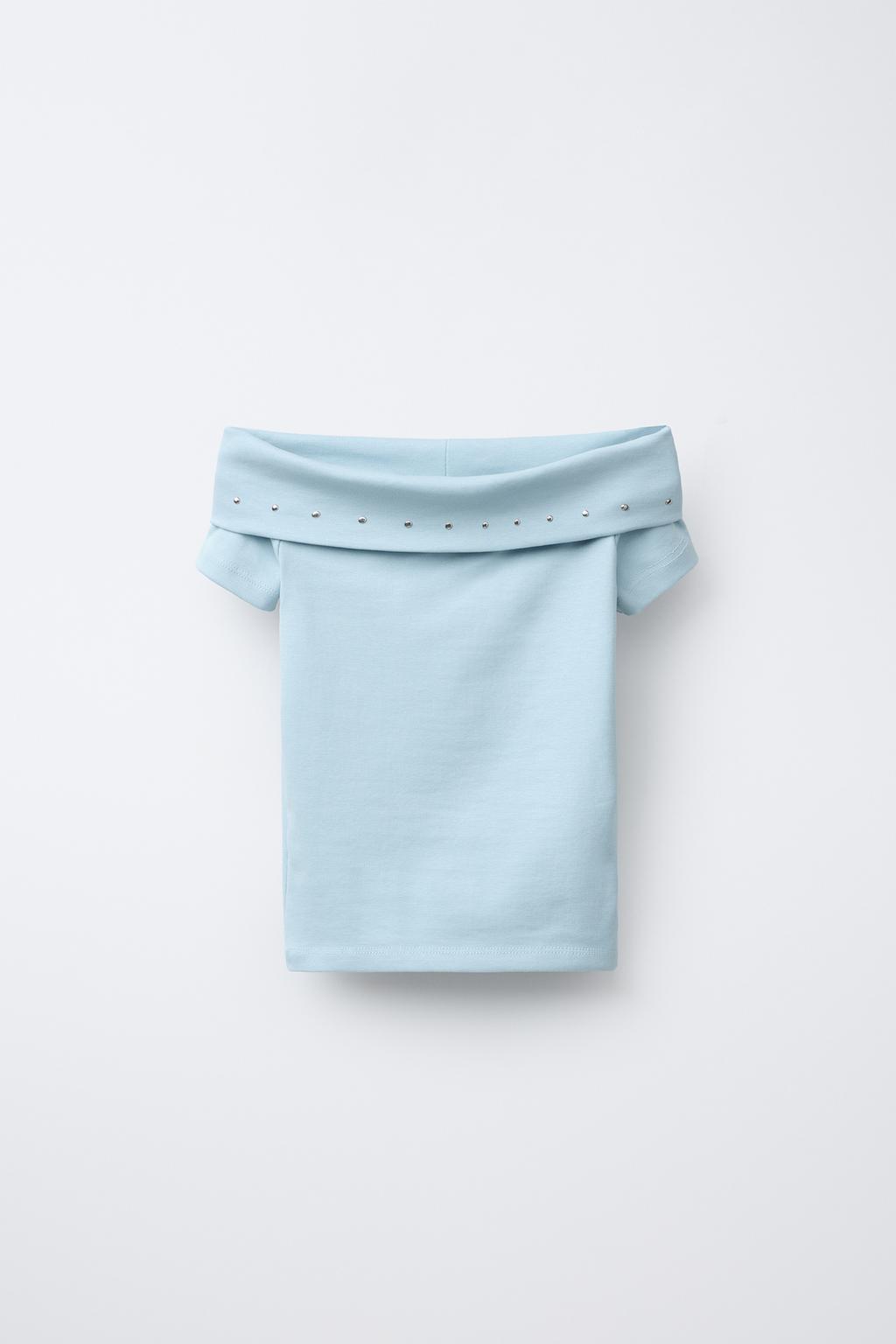 

Футболка с открытыми плечами и заклепками ZARA, синий