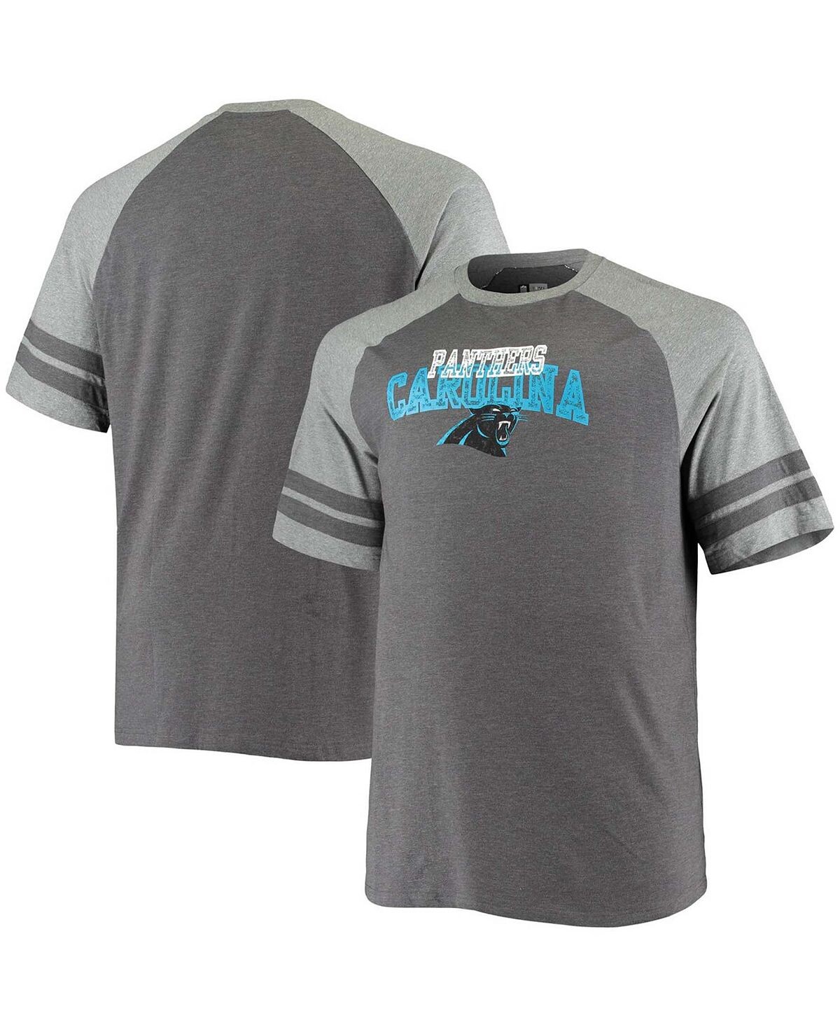 

Мужская футболка Big and Tall Charcoal, Heathered Grey Carolina Panthers с двумя полосками, трехслойная футболка реглан Fanatics