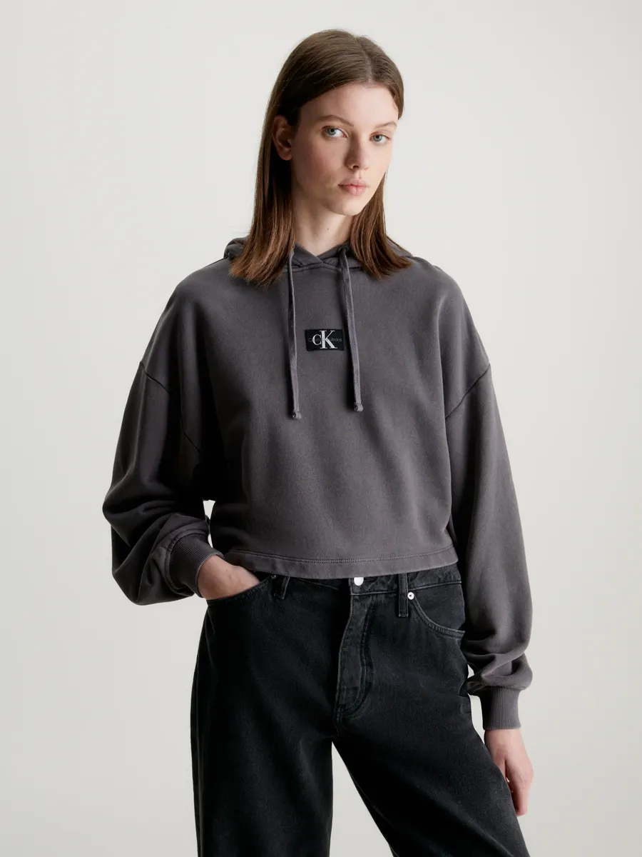 

Толстовка Calvin Klein Jeans с капюшоном "WASHED WOVEN LABEL HOODIE" и надписью-логотипом, черный