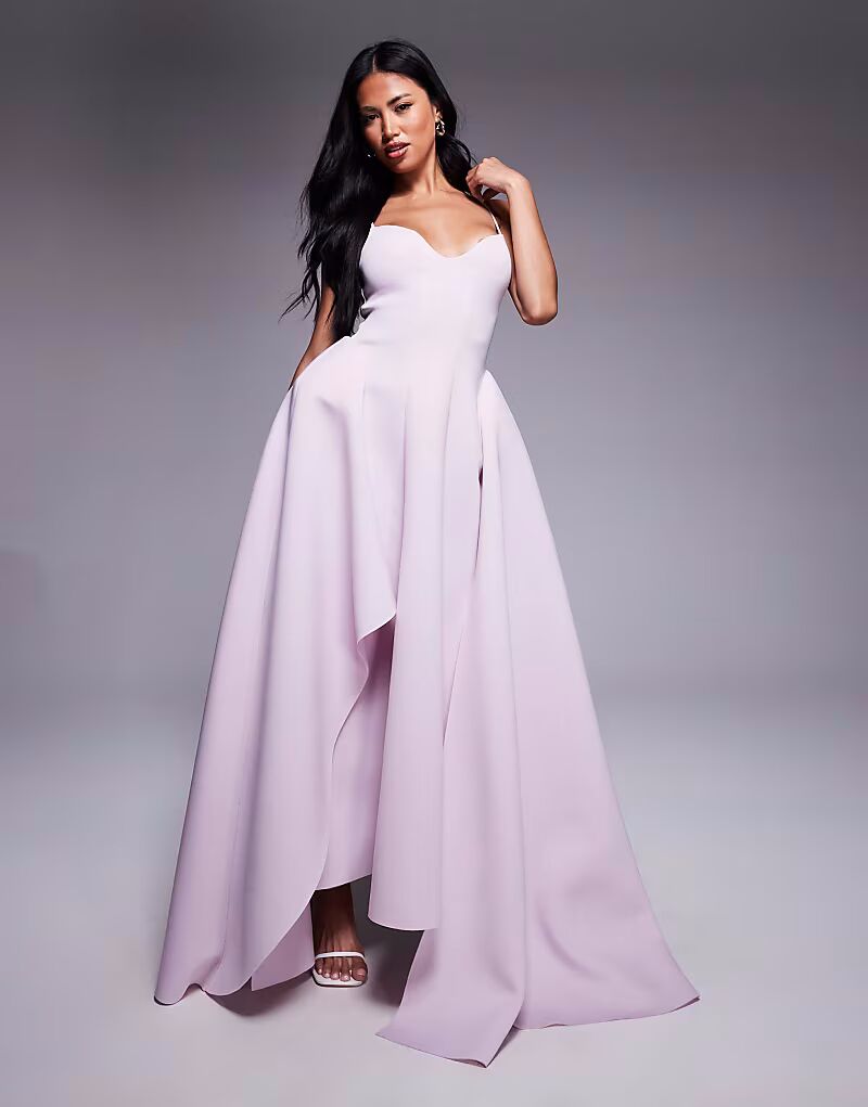 

Платье макси премиум-класса с лифом ками и асимметричной юбкой из ткани в стиле «скуба» сиреневого цвета Asos Design