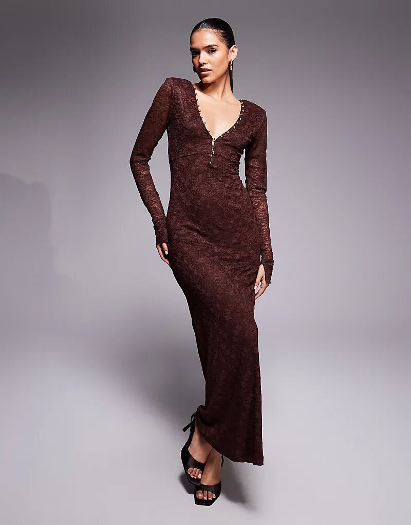 

Платье макси Bardot Zenia с кружевом, отделкой на пуговицах и V-образным вырезом шоколадного цвета