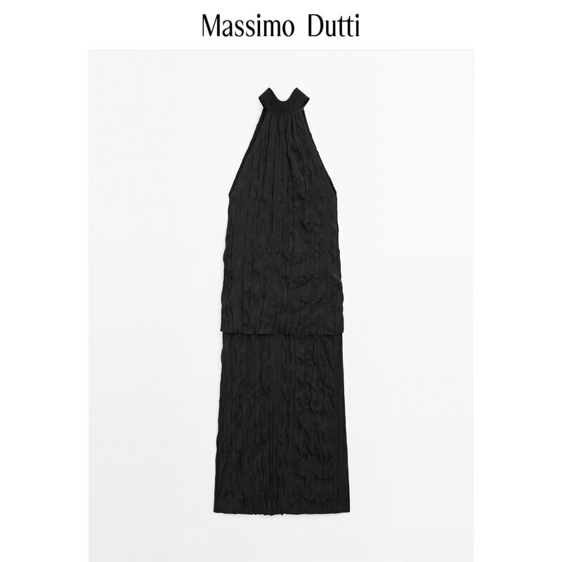 

Платье плиссированное Massimo Dutti с полувысоким воротником, черный