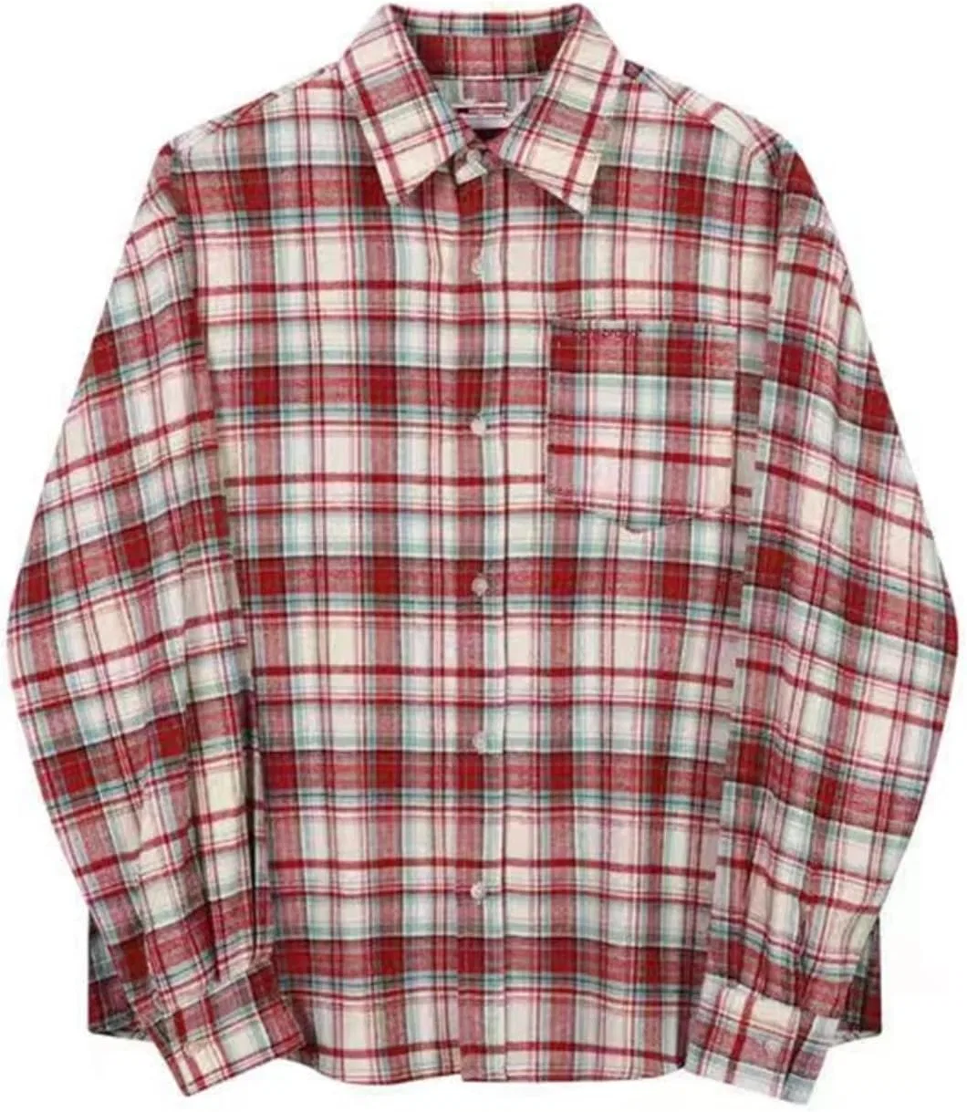 Рубашка поло, в клетку, Retro Brushed Plaid Shirt Outwear Loose Couple Spring Autumn Long Sleeve Cotton Polyester Polo Collar Mid Length Casual, красный с белым