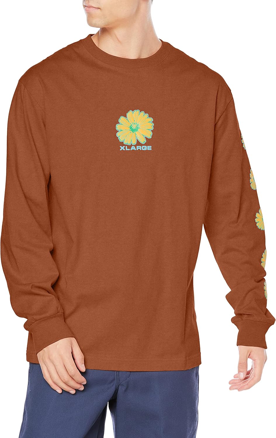 

Футболка с длинными рукавами, размер XL, очень большая, 101213011018, с цветочным логотипом. Мужская футболка X-Large, коричневый
