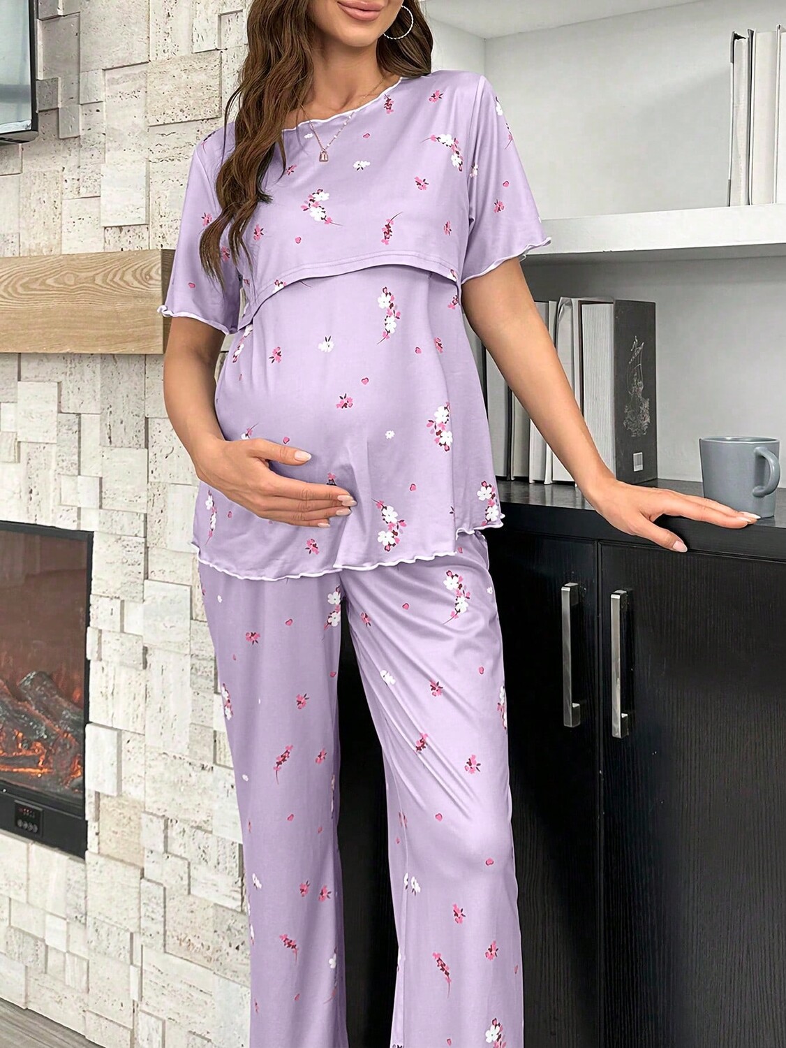 

Underwear&Sleepwear Пижамы для беременных, цветочный принт, для кормящих, короткие рукава Shein, мультиколор