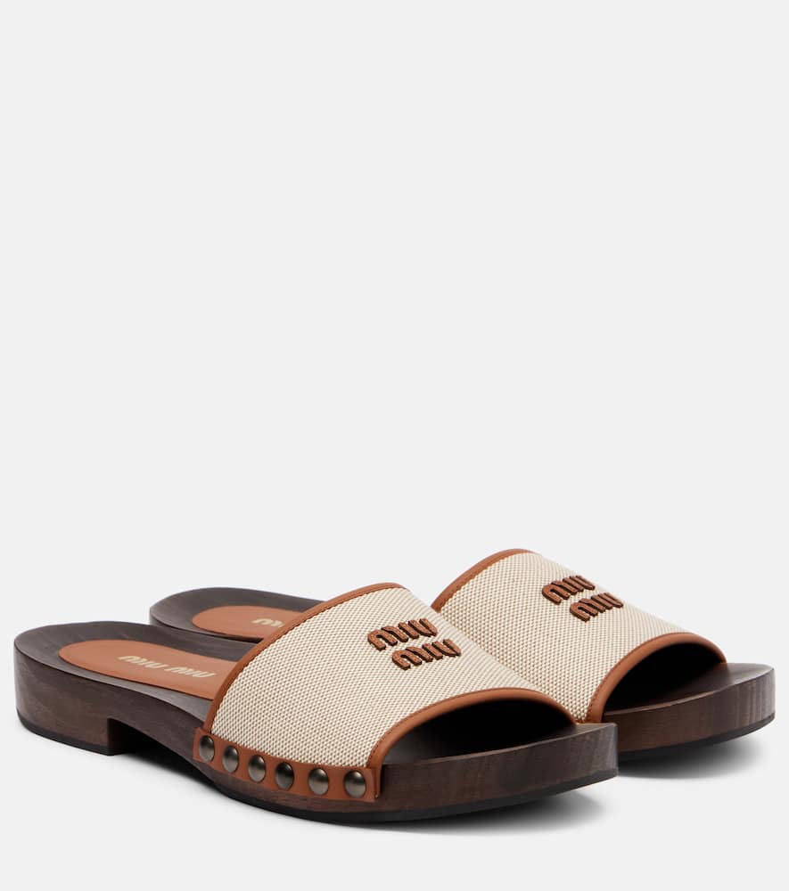 Кожаные клоги из холста с логотипом Miu Miu, Neutral